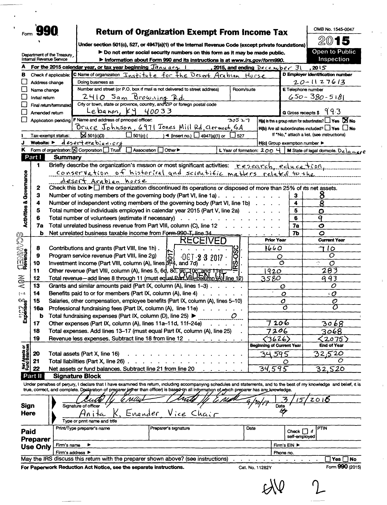 Image of first page of 2015 Form 990 for The Institute for the Desert Arabian Horse