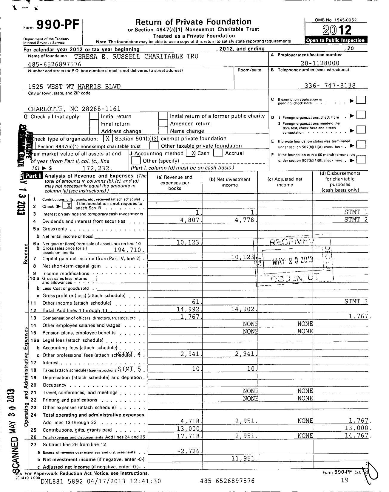 Image of first page of 2012 Form 990PF for Teresa E Russell Charitable Tru