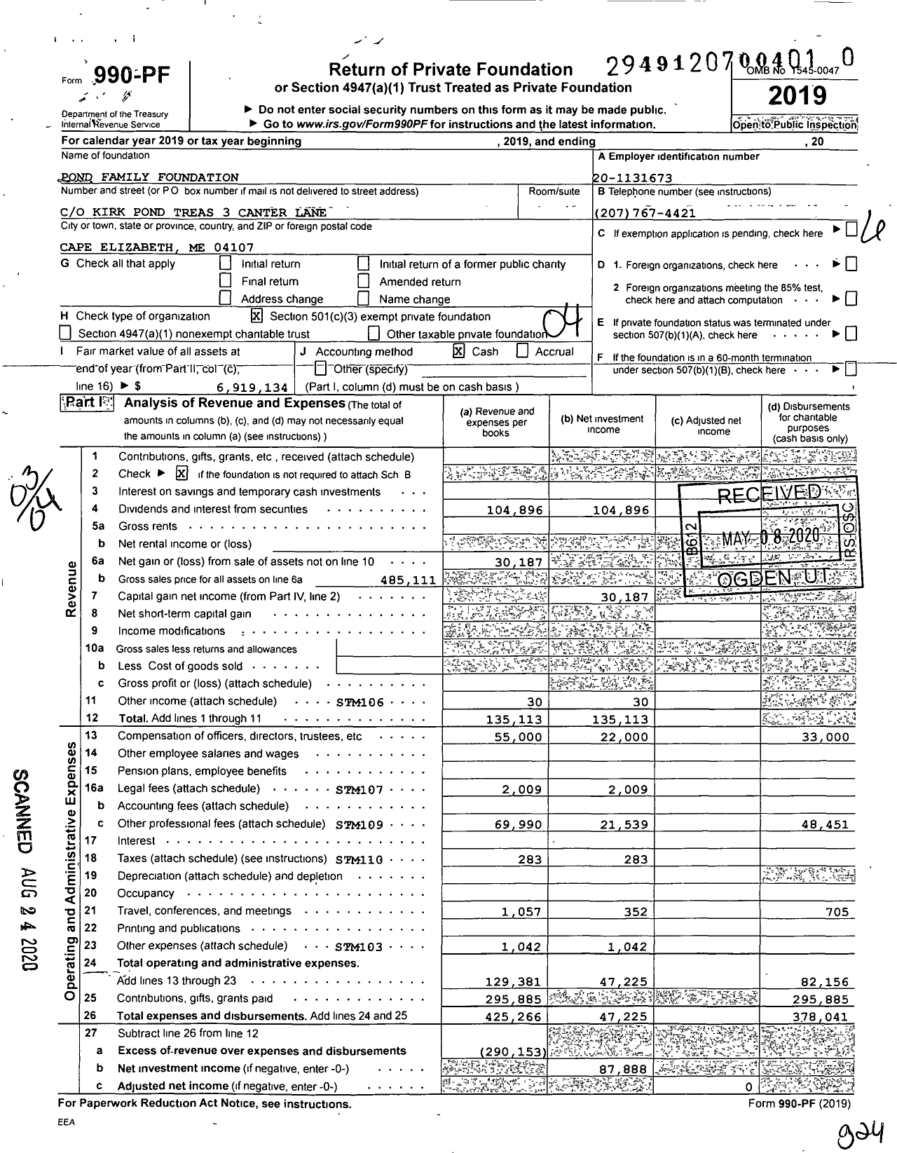 Image of first page of 2019 Form 990PR for Pond Family Foundation