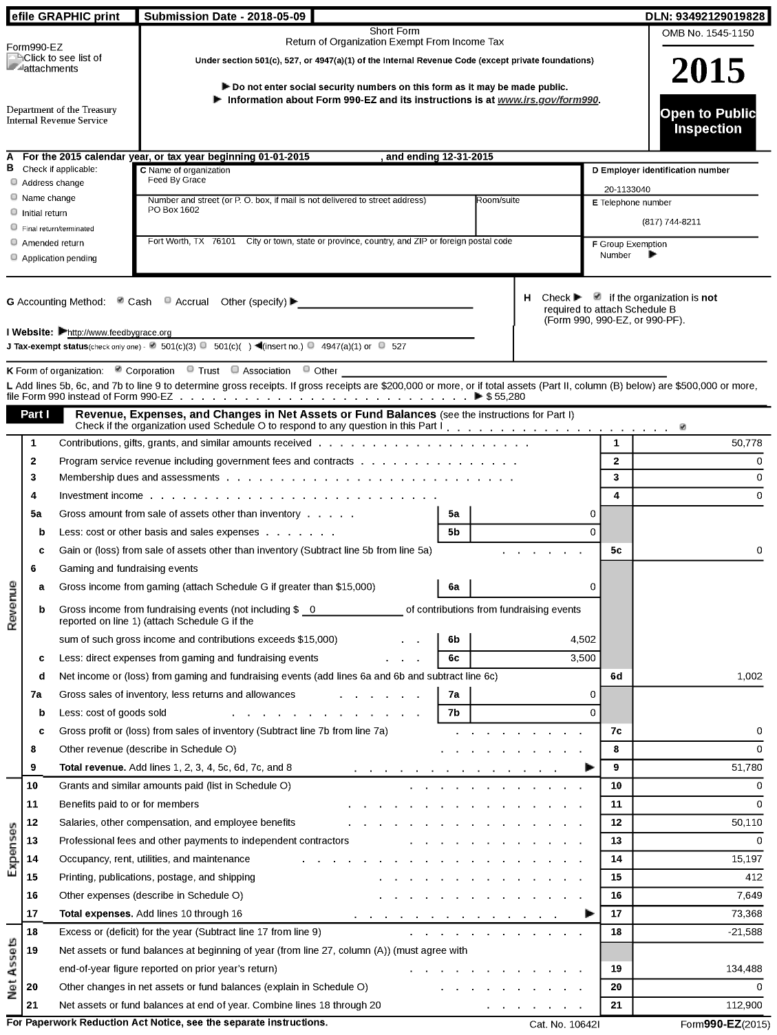 Image of first page of 2015 Form 990EZ for Feed By Grace