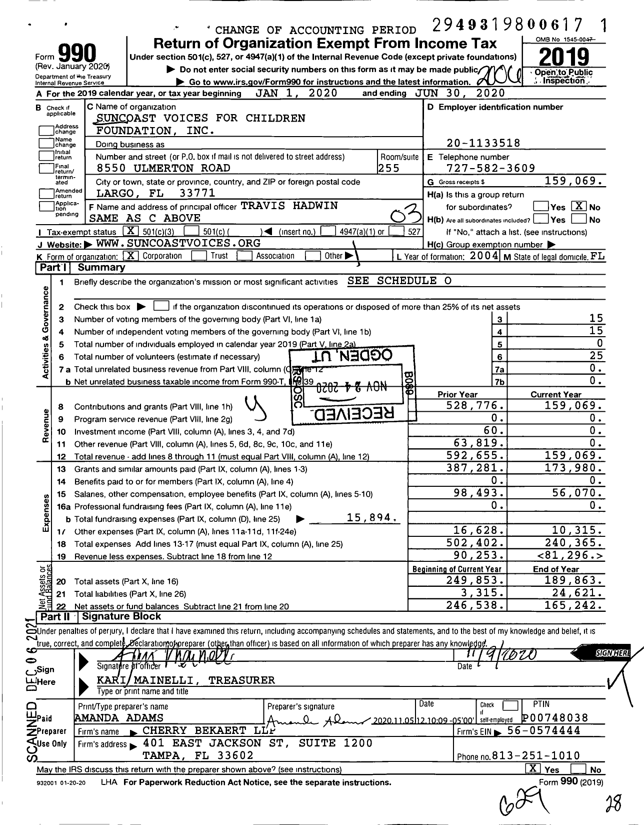 Image of first page of 2019 Form 990 for Suncoast Voices for Children Foundation