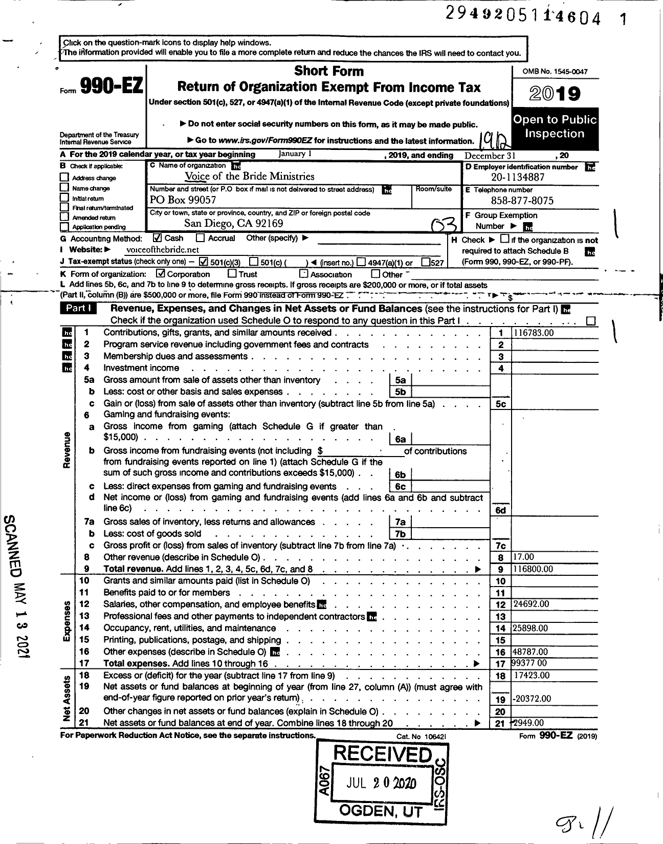 Image of first page of 2019 Form 990EZ for Voice of the Bride Ministries