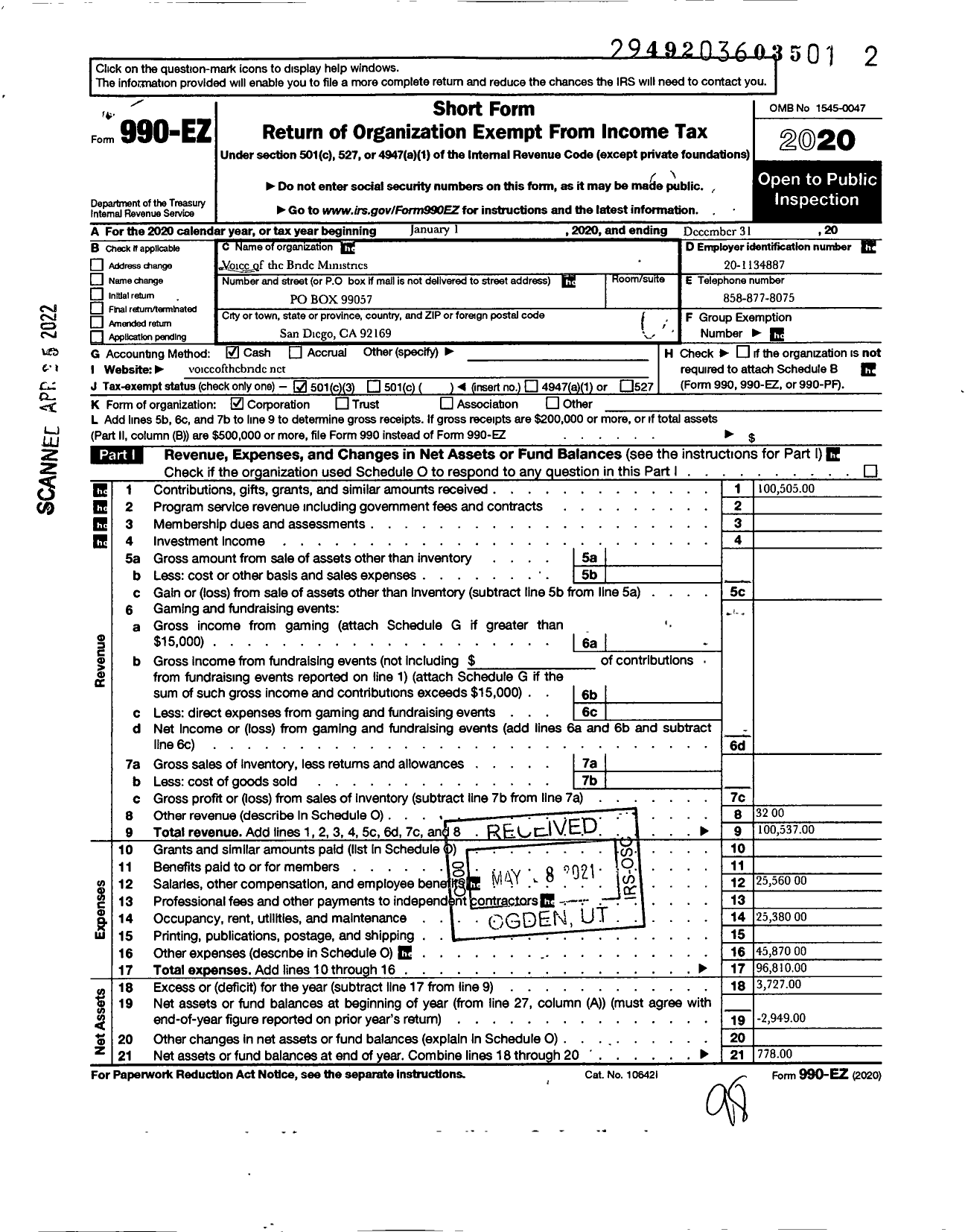 Image of first page of 2020 Form 990EZ for Voice of the Bride Ministries