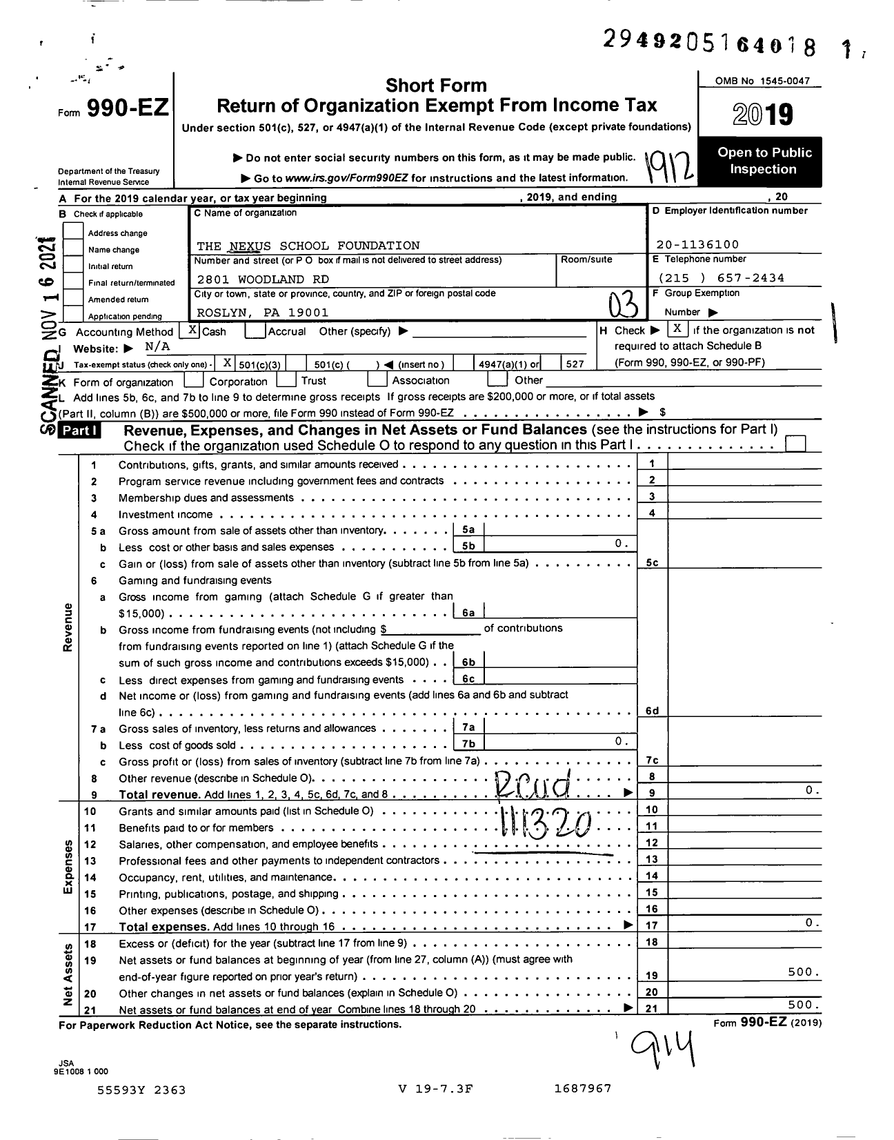 Image of first page of 2019 Form 990EZ for The Nexus School Foundation