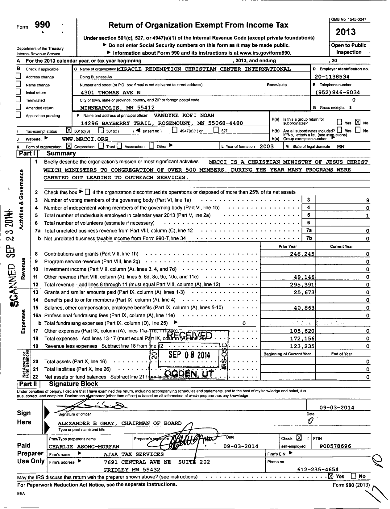 Image of first page of 2013 Form 990 for Miracle Redemption Christian Center International