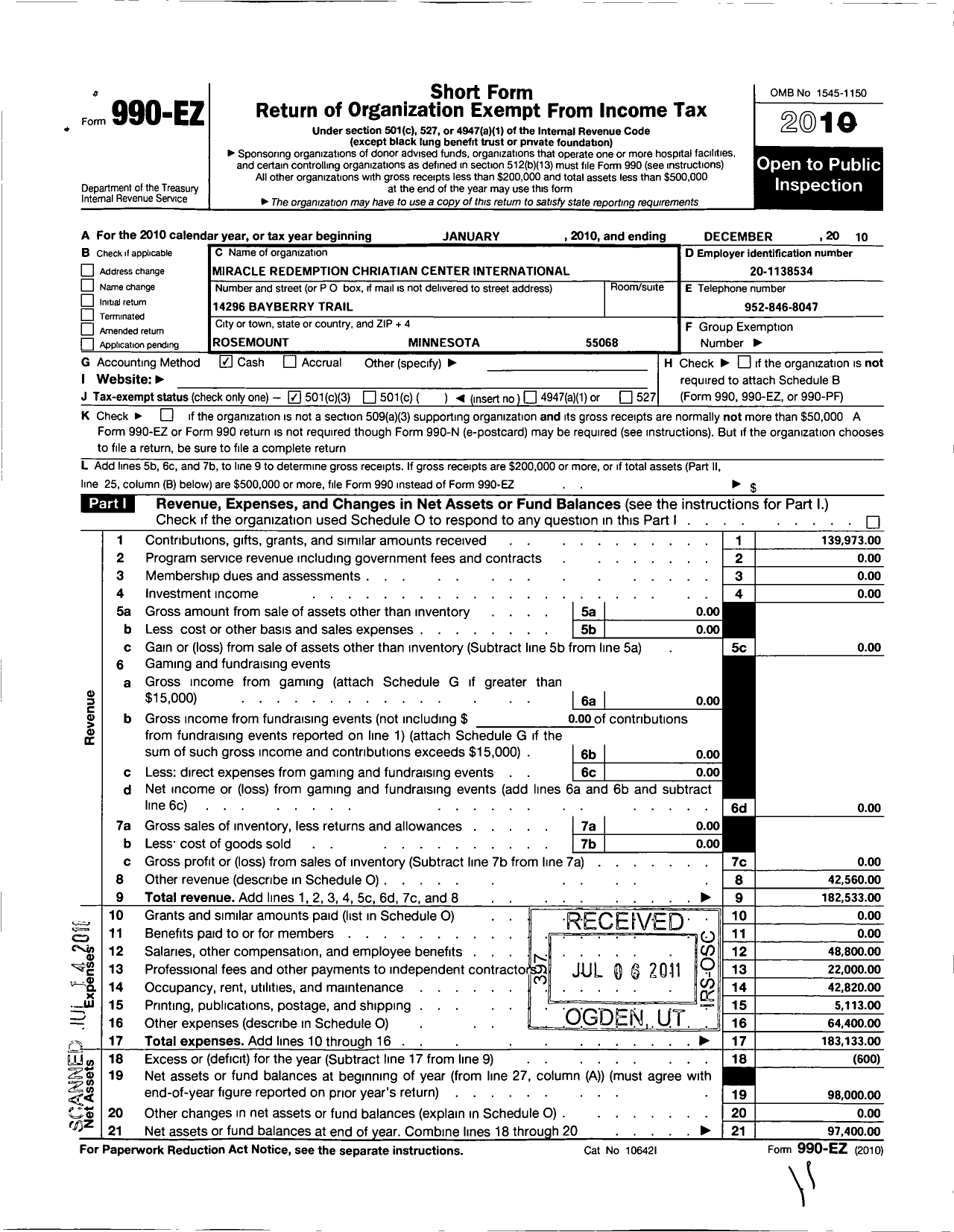 Image of first page of 2010 Form 990EZ for Miracle Redemption Christian Center International