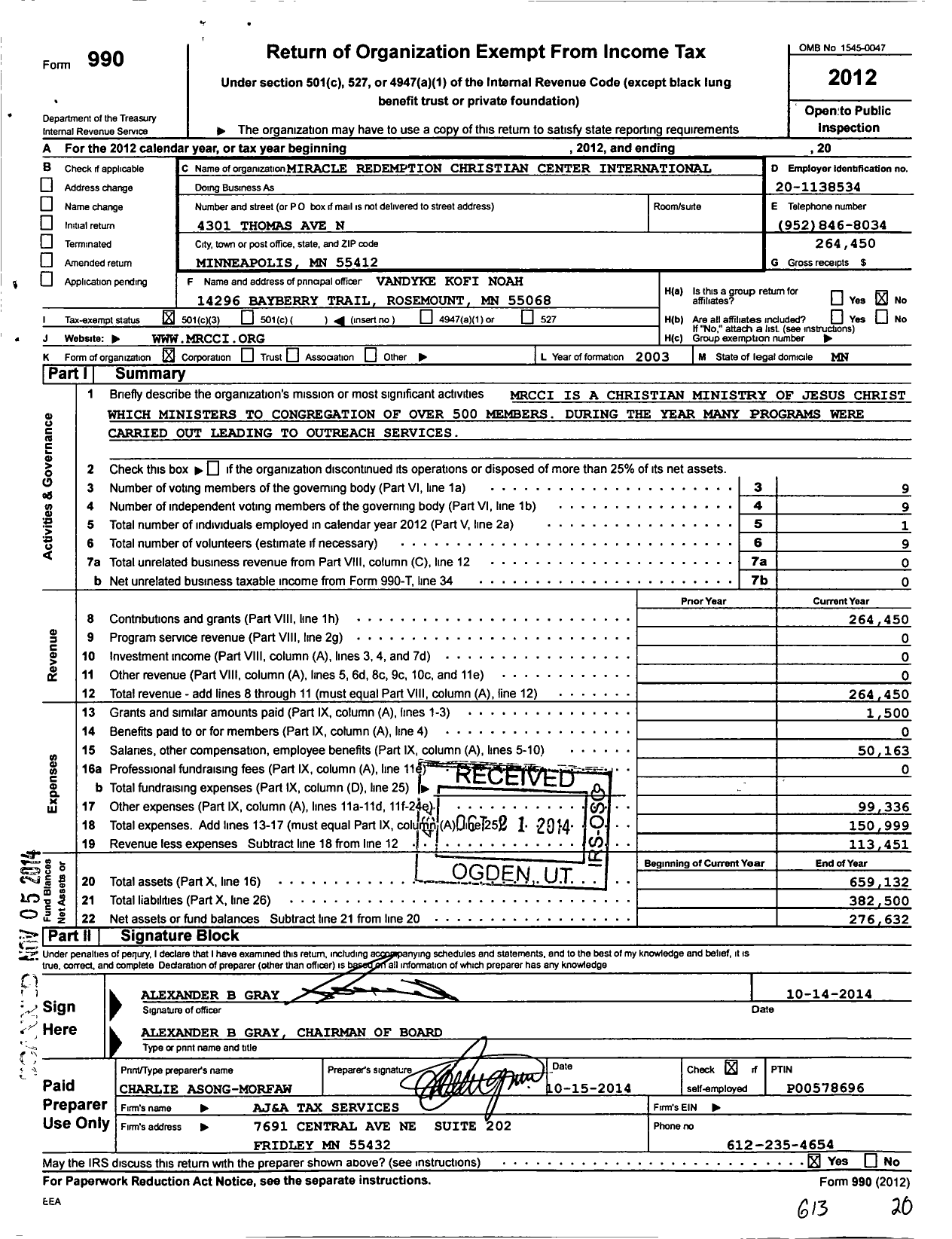 Image of first page of 2012 Form 990 for Miracle Redemption Christian Center International