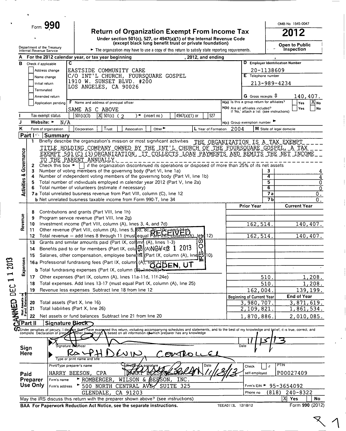 Image of first page of 2012 Form 990O for Eastside Community Care