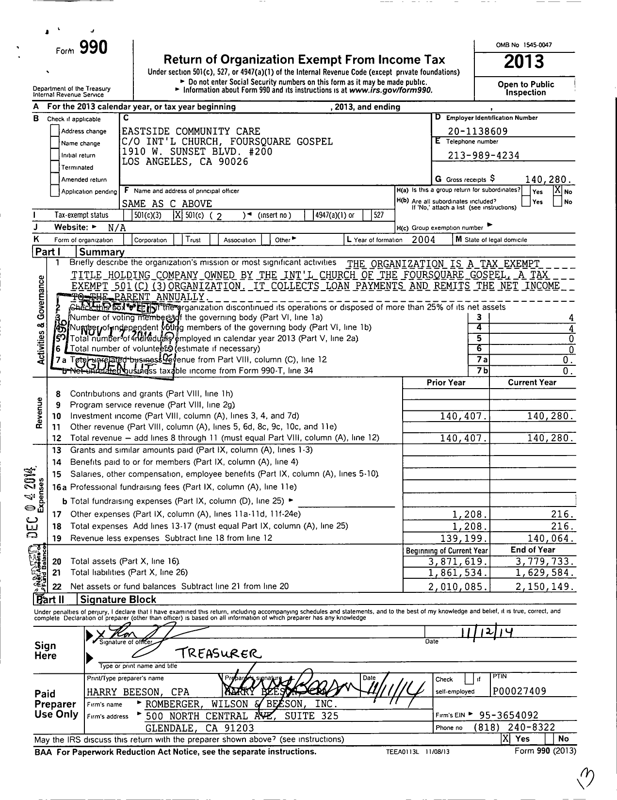 Image of first page of 2013 Form 990O for Eastside Community Care