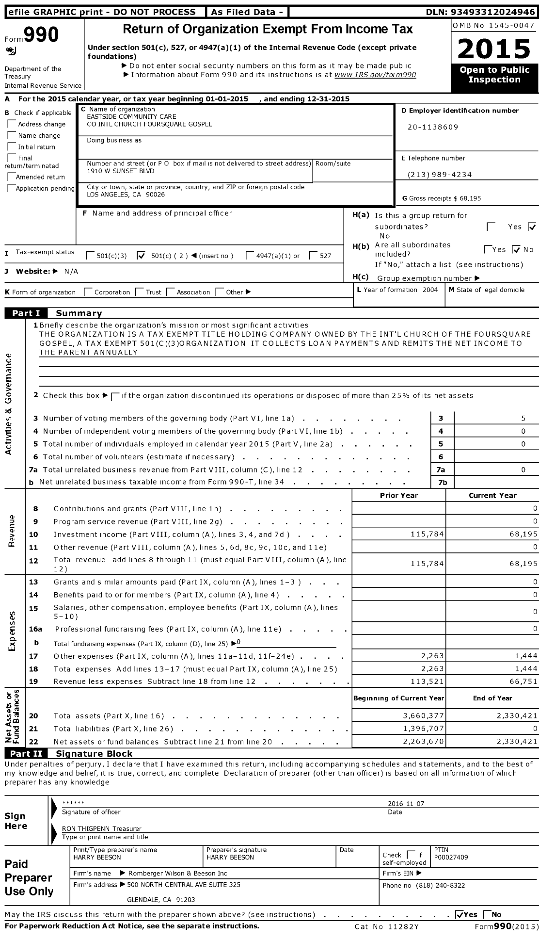 Image of first page of 2015 Form 990O for Eastside Community Care