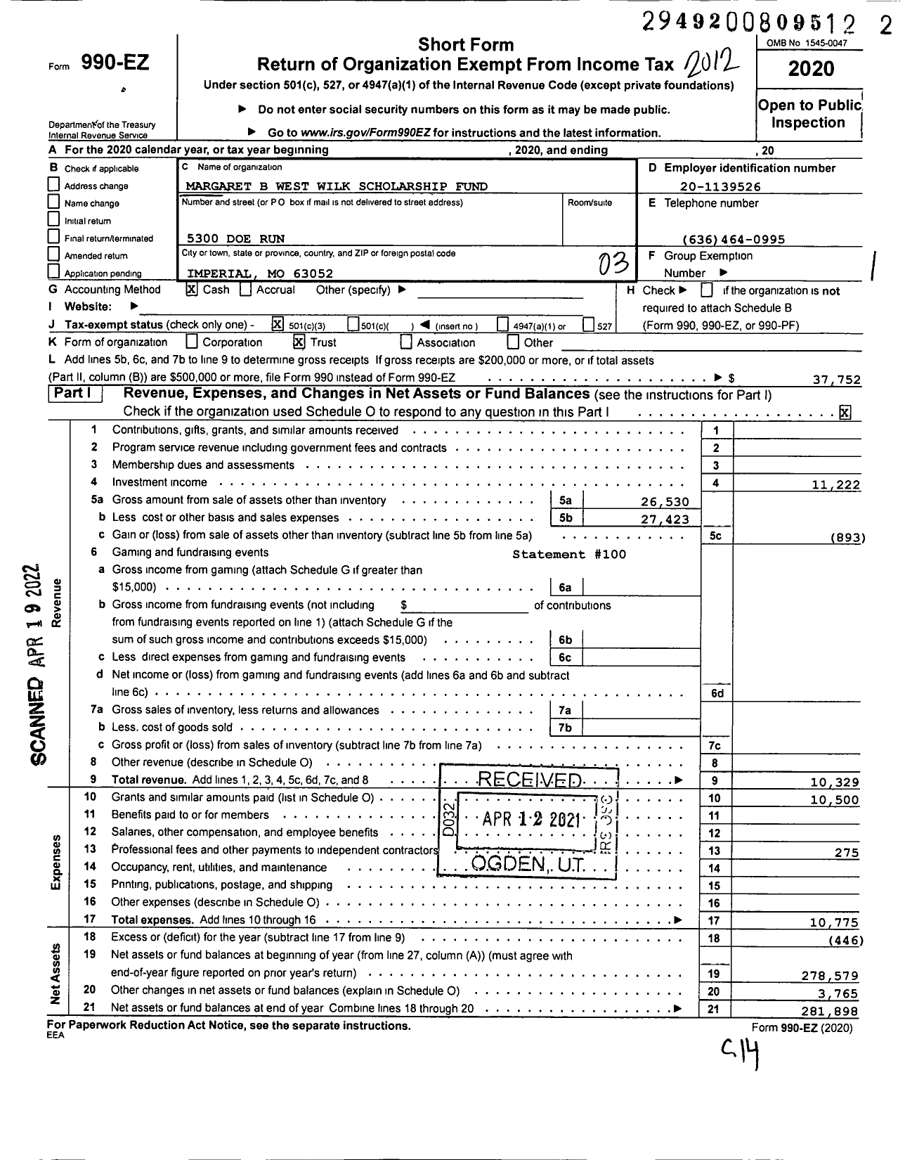 Image of first page of 2020 Form 990EZ for Margaret B West Wilk Scholarship Fund