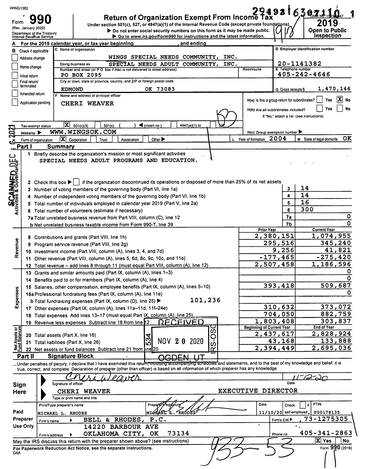 Image of first page of 2019 Form 990 for Special Needs Adult Community