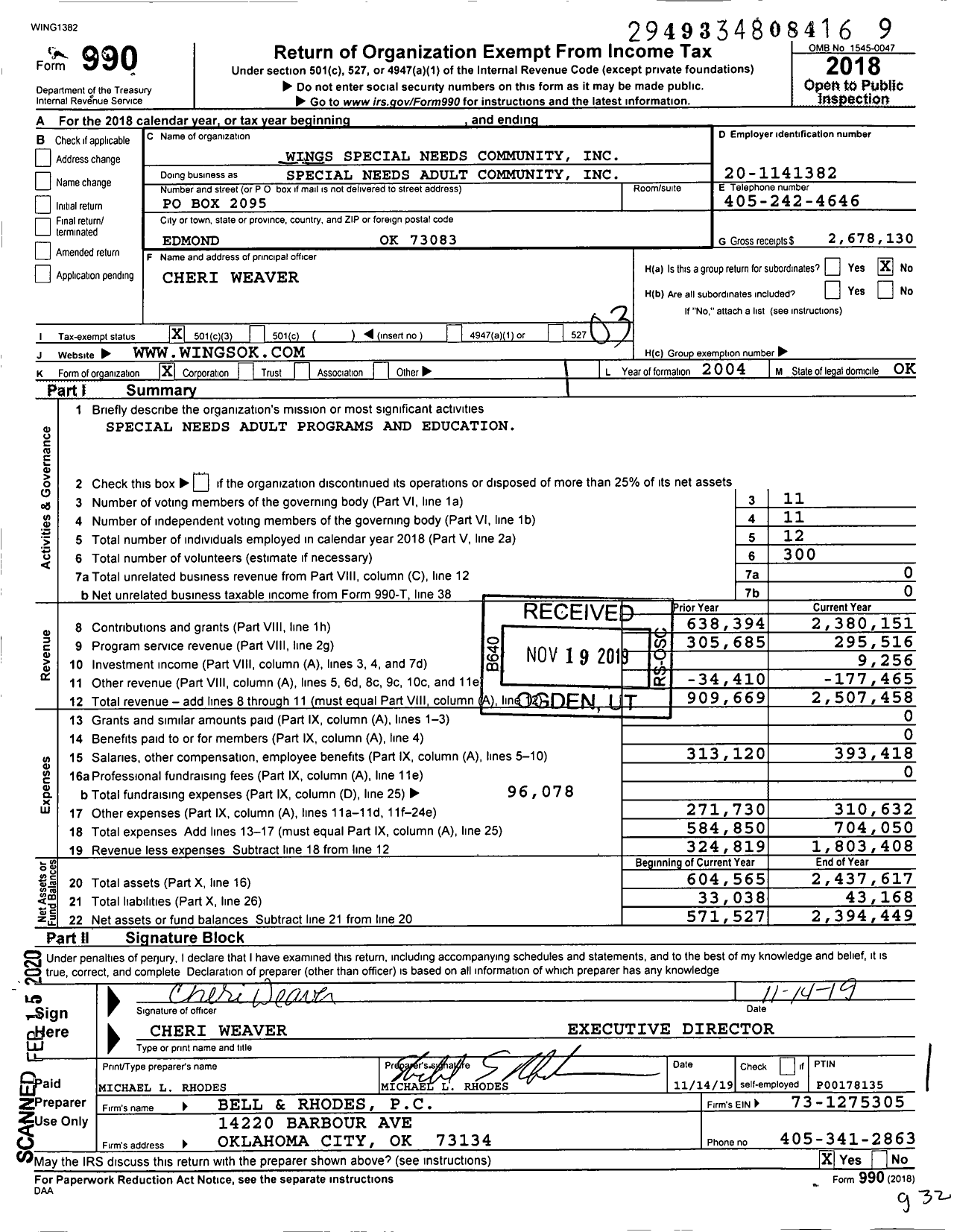 Image of first page of 2018 Form 990 for Special Needs Adult Community
