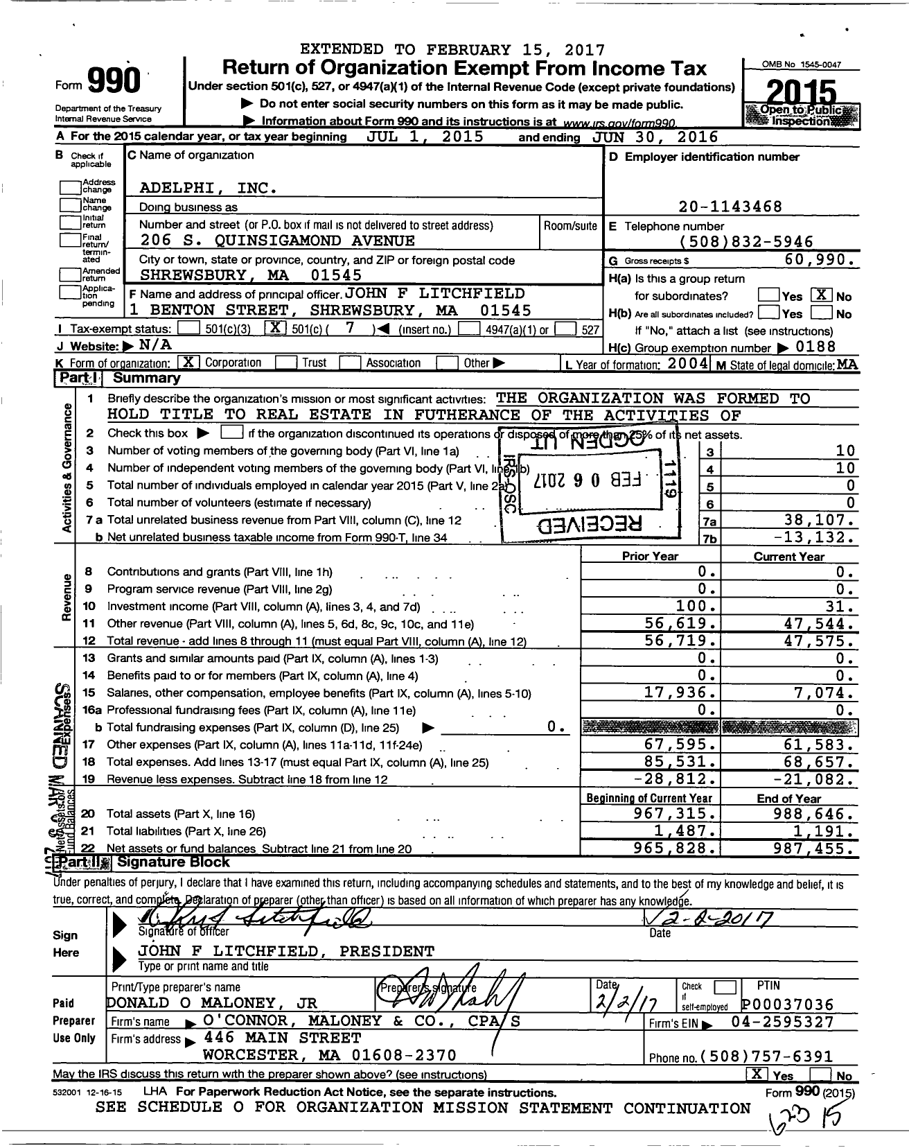 Image of first page of 2015 Form 990O for Adelphi