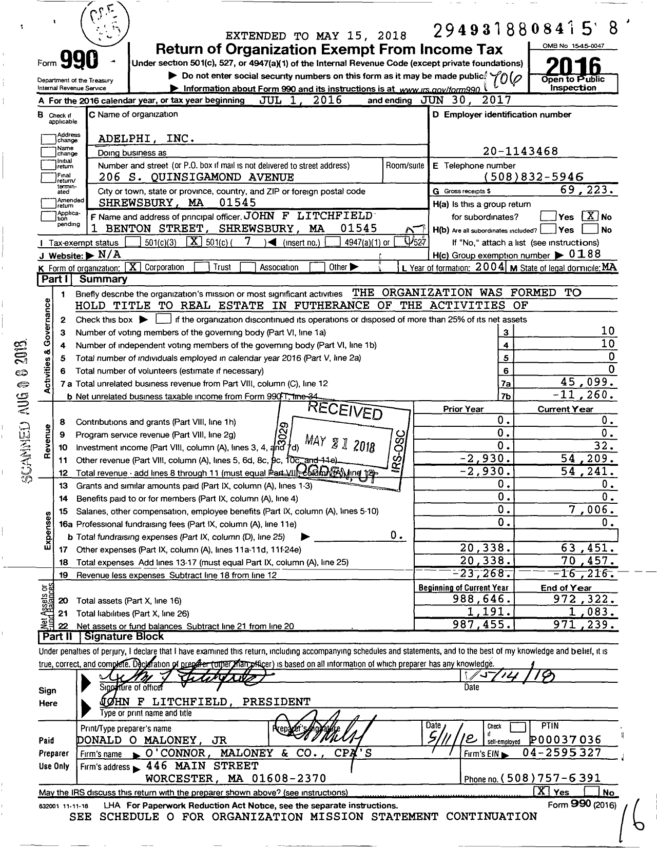 Image of first page of 2016 Form 990O for Adelphi