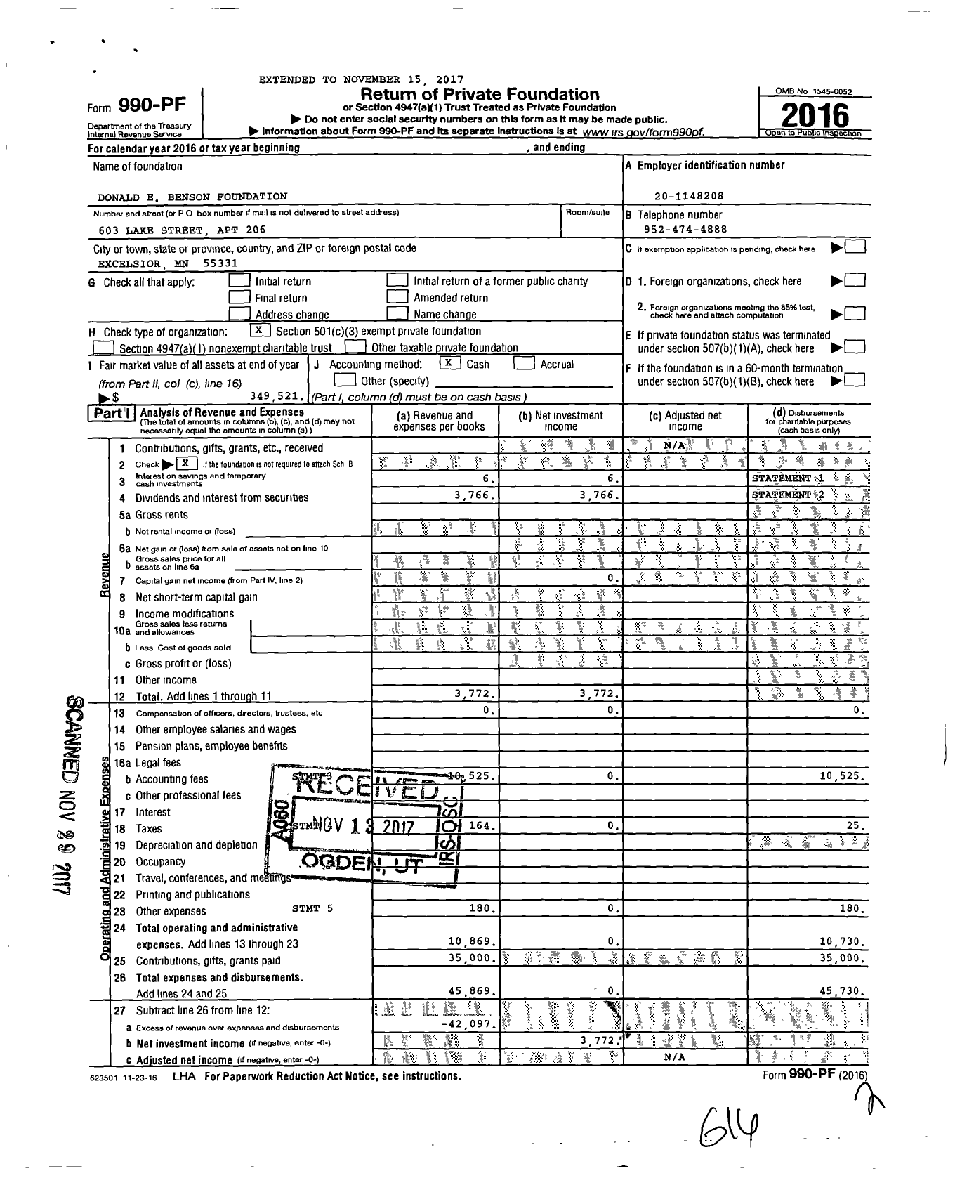 Image of first page of 2016 Form 990PF for Donald E Benson Foundation