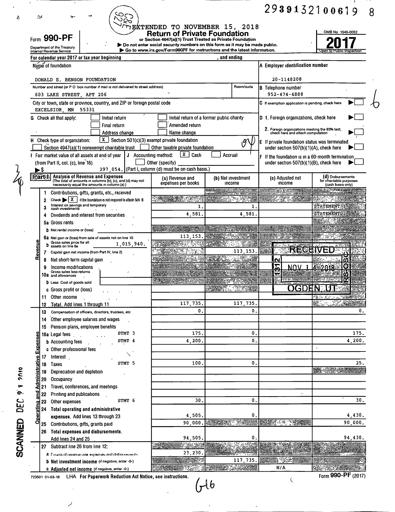 Image of first page of 2017 Form 990PF for Donald E Benson Foundation