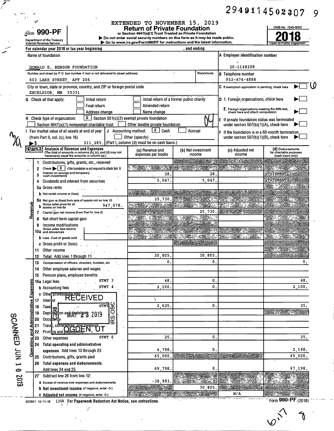 Image of first page of 2018 Form 990PF for Donald E Benson Foundation