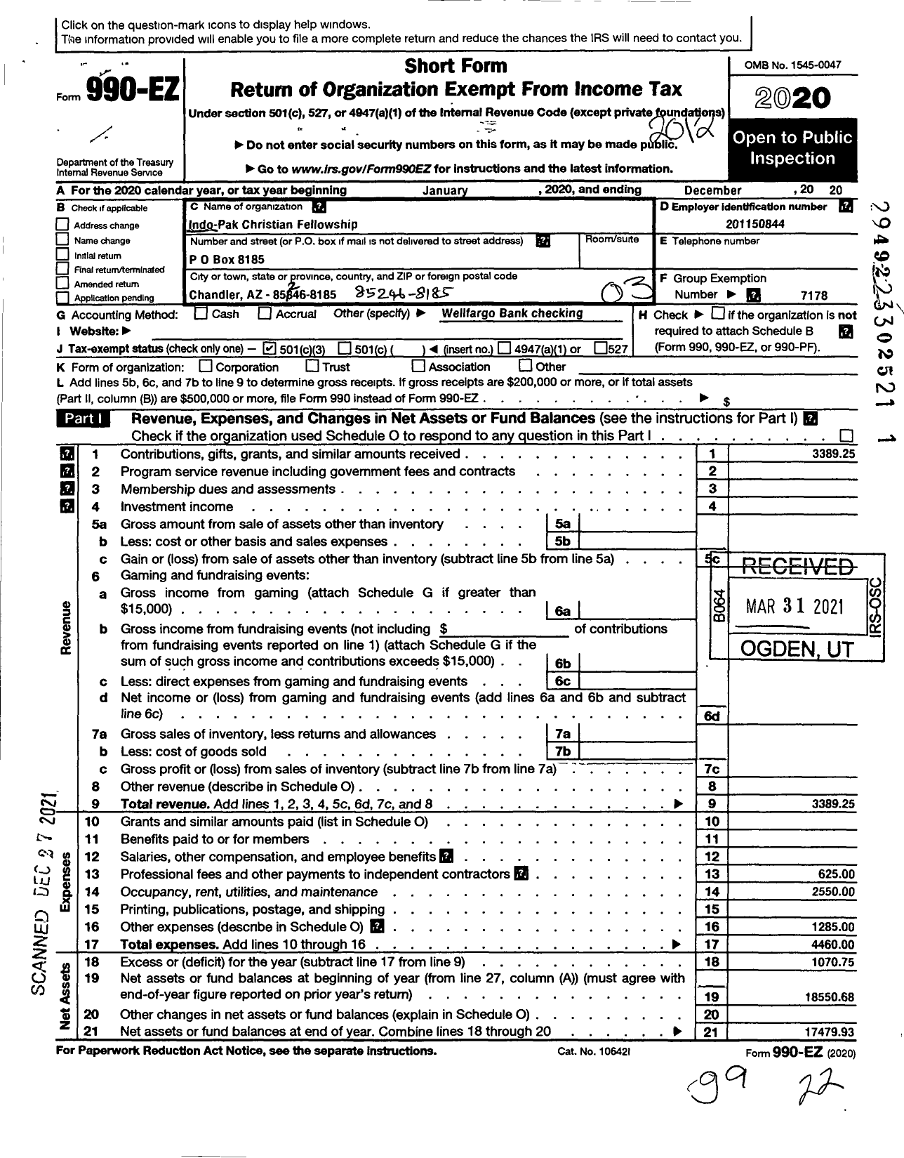 Image of first page of 2020 Form 990EZ for Indo-Pak Christian Fellowship