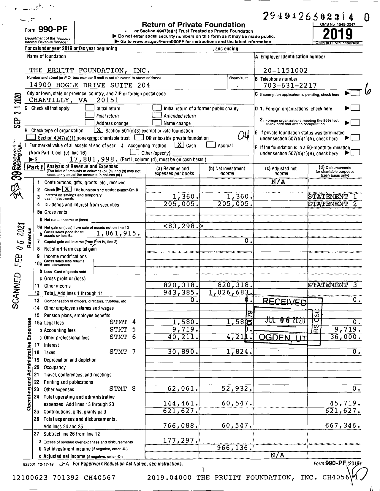 Image of first page of 2019 Form 990PF for The Pruitt Foundation