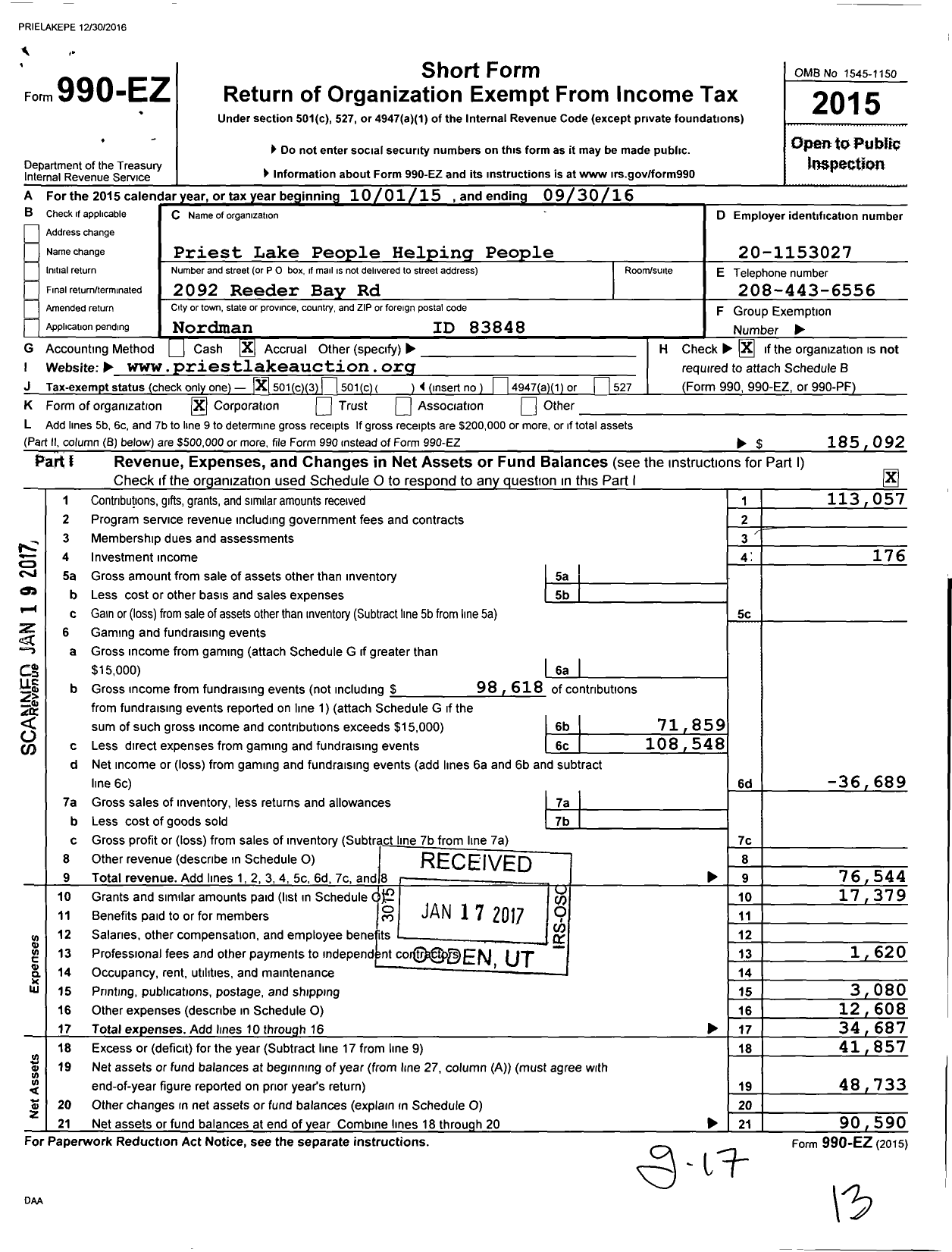 Image of first page of 2015 Form 990EZ for Priest Lake People Helping People