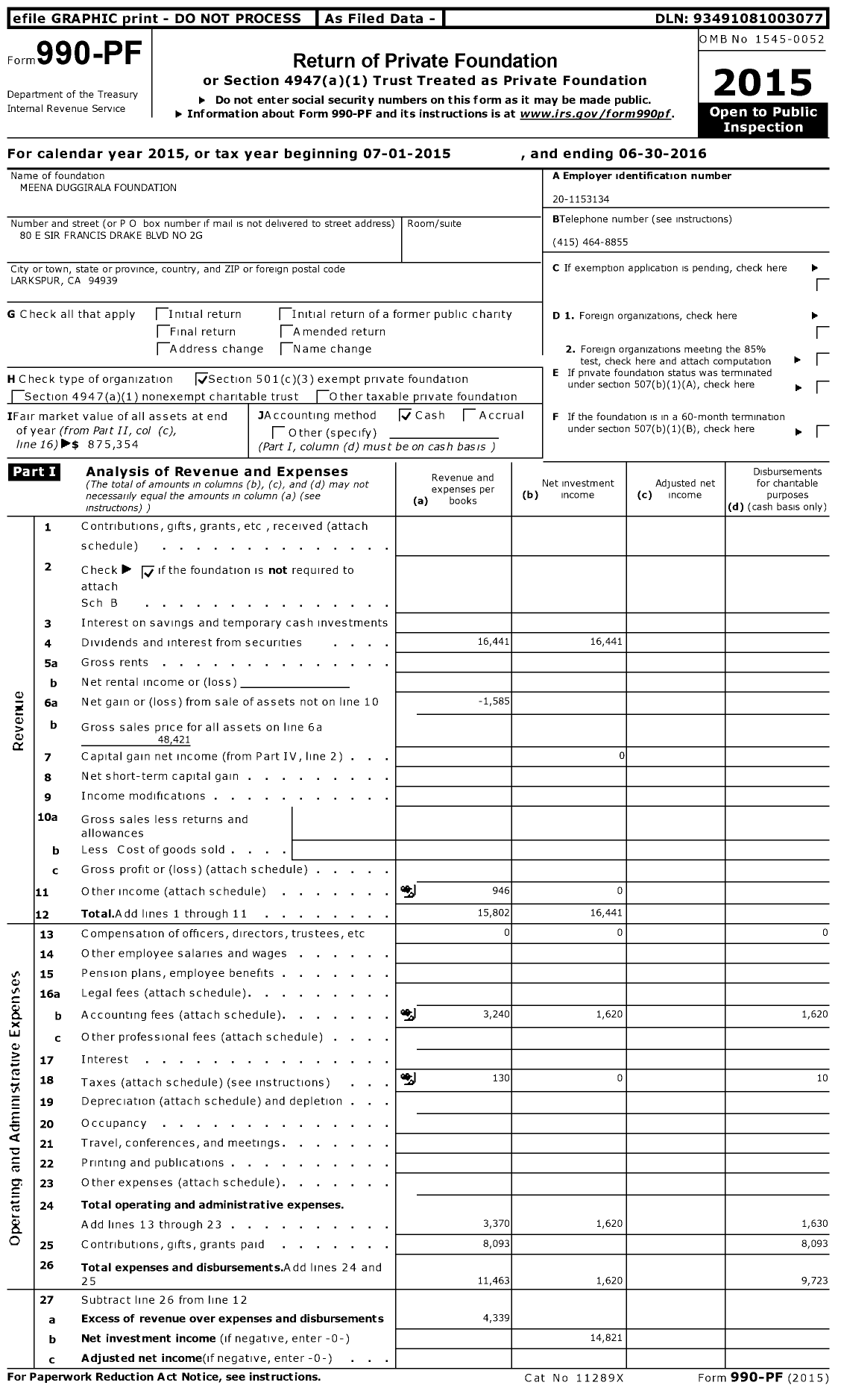 Image of first page of 2015 Form 990PF for Meena Duggirala Foundation