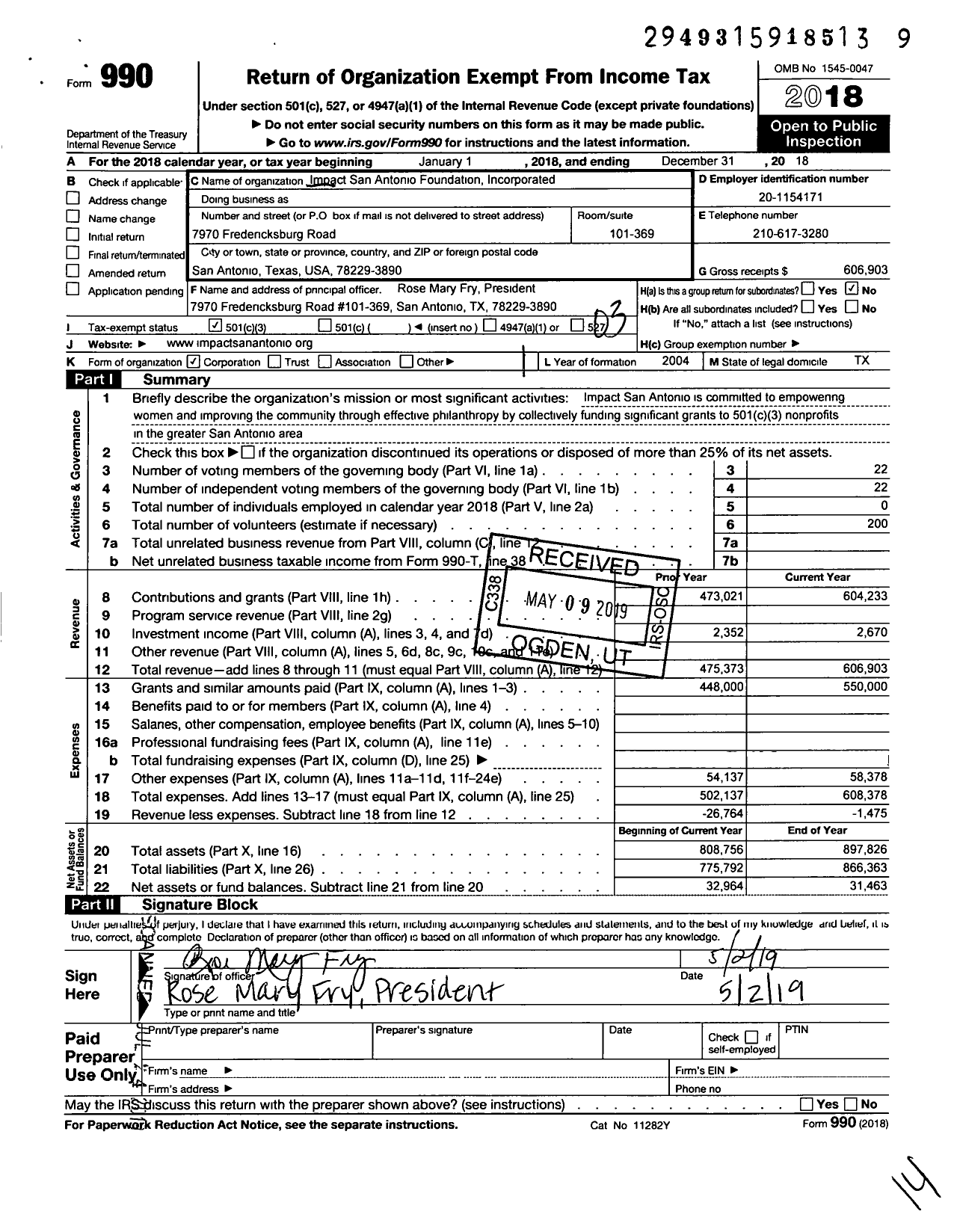 Image of first page of 2018 Form 990 for Impact San Antonio Foundation Incorporated