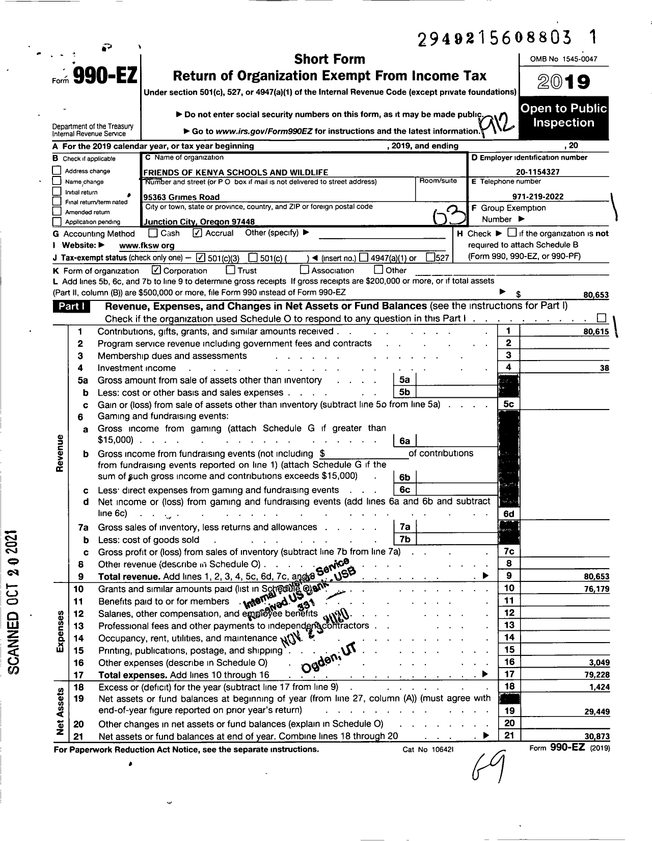 Image of first page of 2019 Form 990EZ for Friends of Kenya Schools and Wildlife