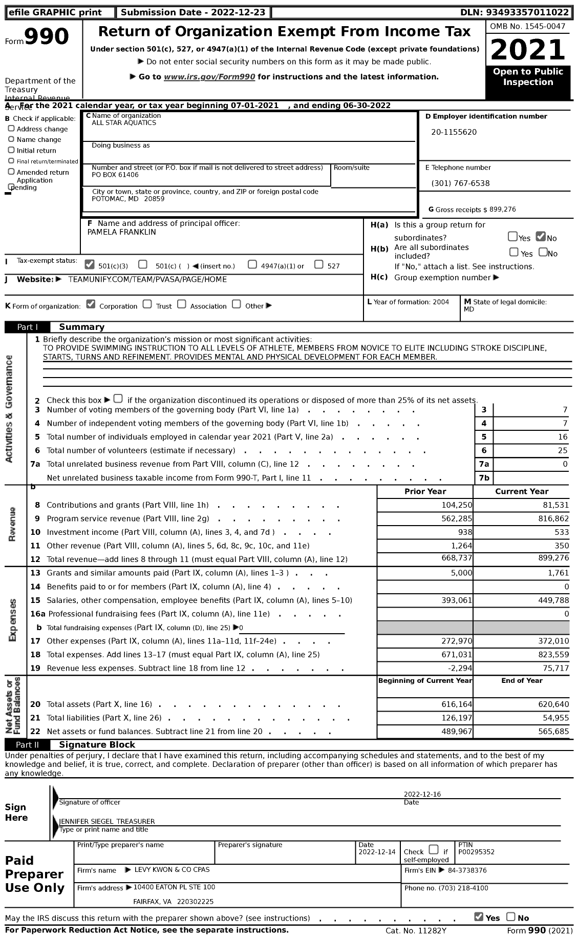 Image of first page of 2021 Form 990 for All Star Aquatics