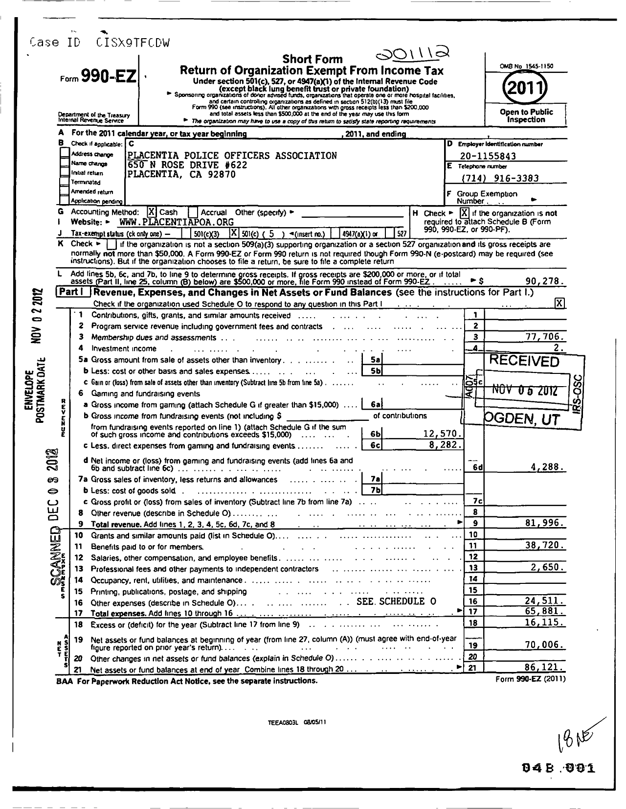 Image of first page of 2011 Form 990EO for Placentia Police Officers Association