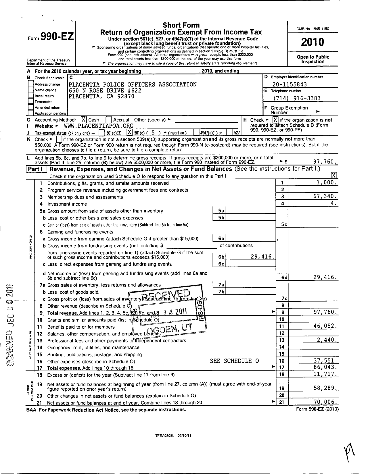 Image of first page of 2010 Form 990EO for Placentia Police Officers Association