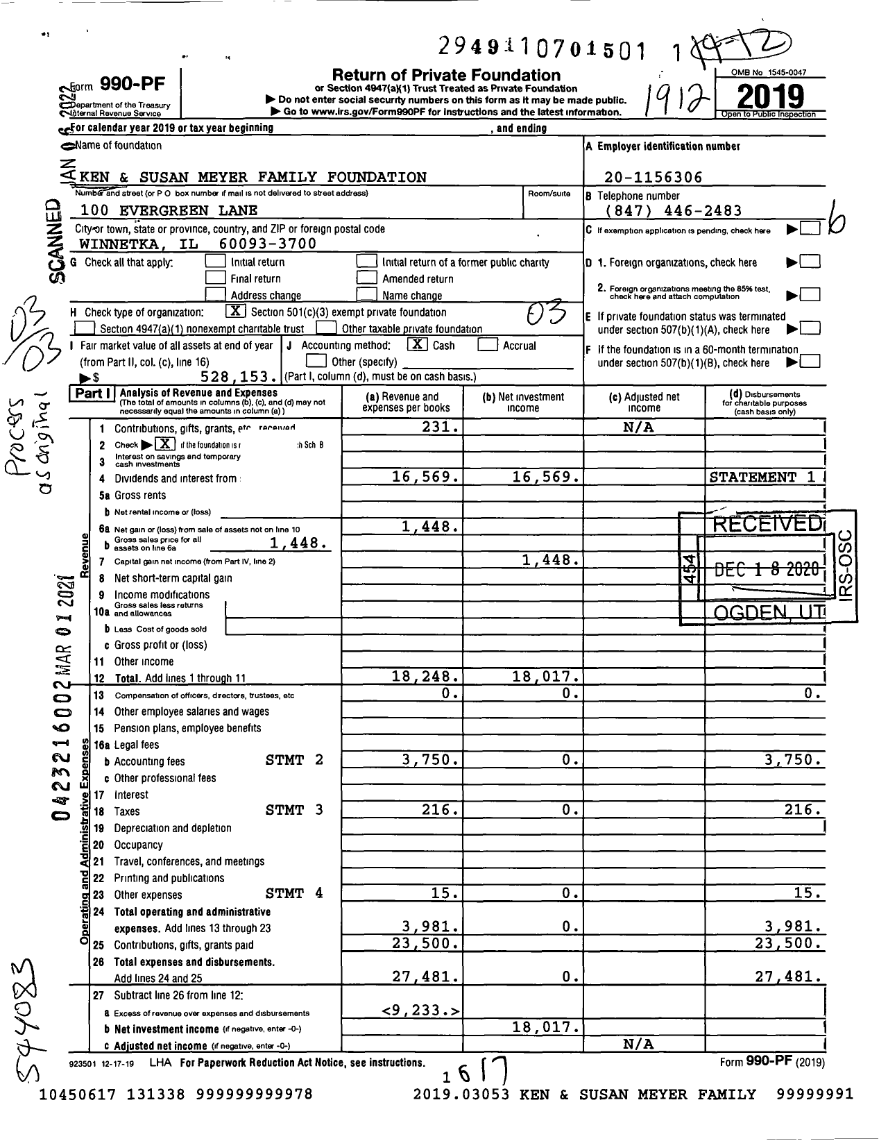 Image of first page of 2019 Form 990PF for Ken and Susan Meyer Family Foundation