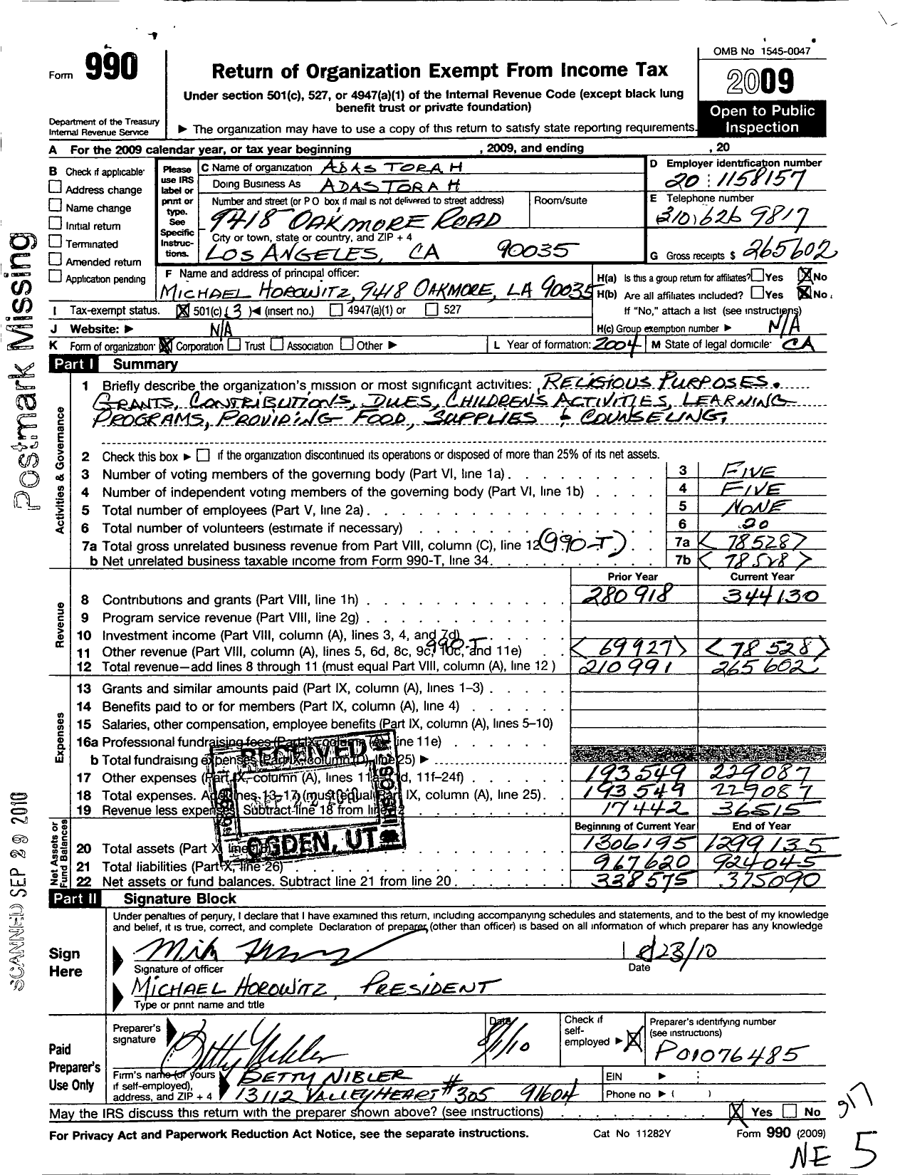 Image of first page of 2009 Form 990 for Adas Torah
