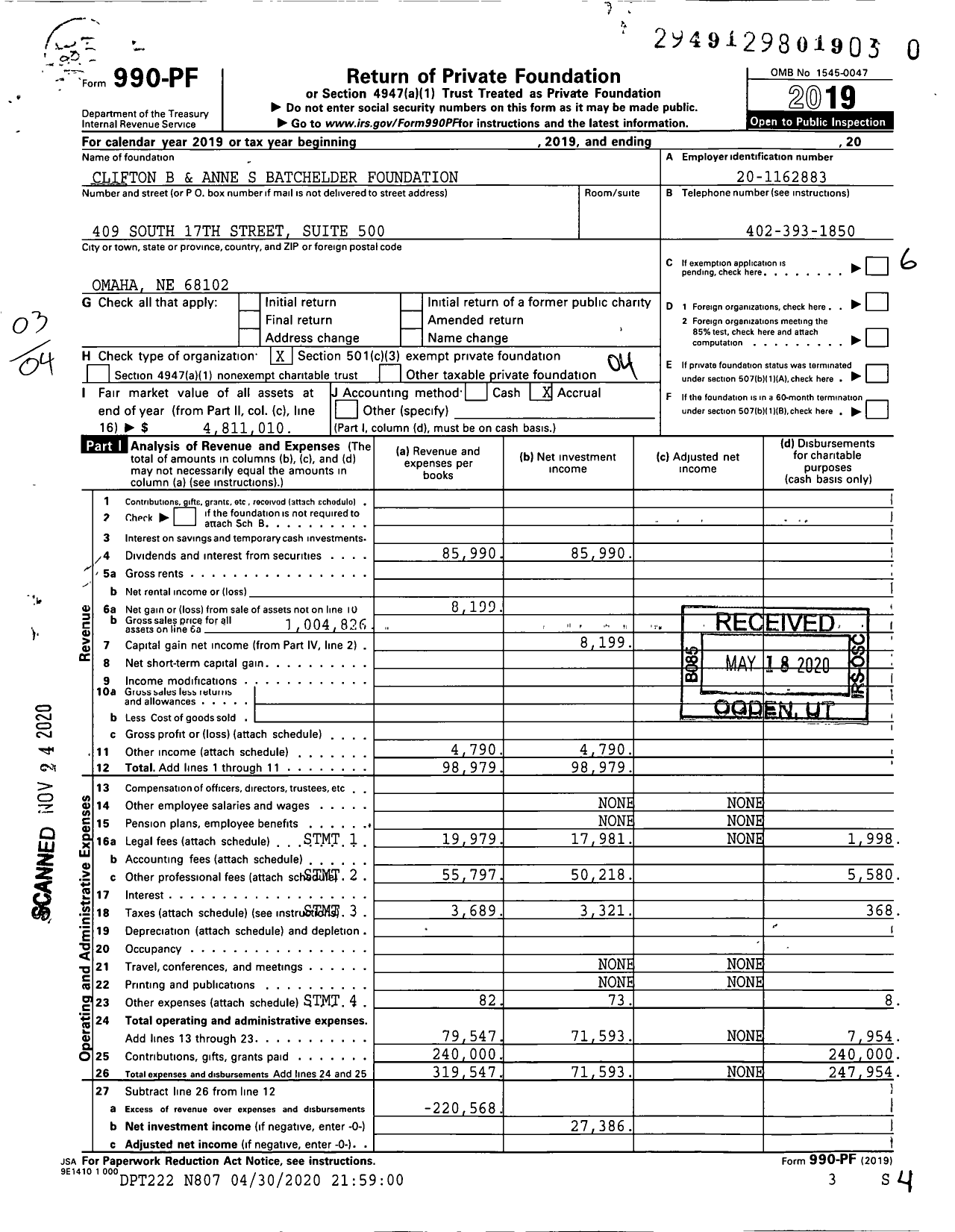 Image of first page of 2019 Form 990PF for Clifton B and Anne S Batchelder Foundation