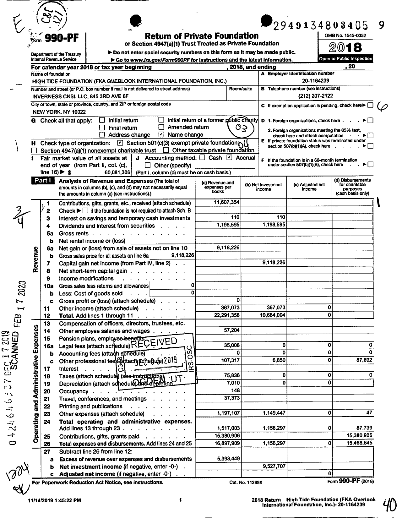 Image of first page of 2018 Form 990PF for High Tide Foundation