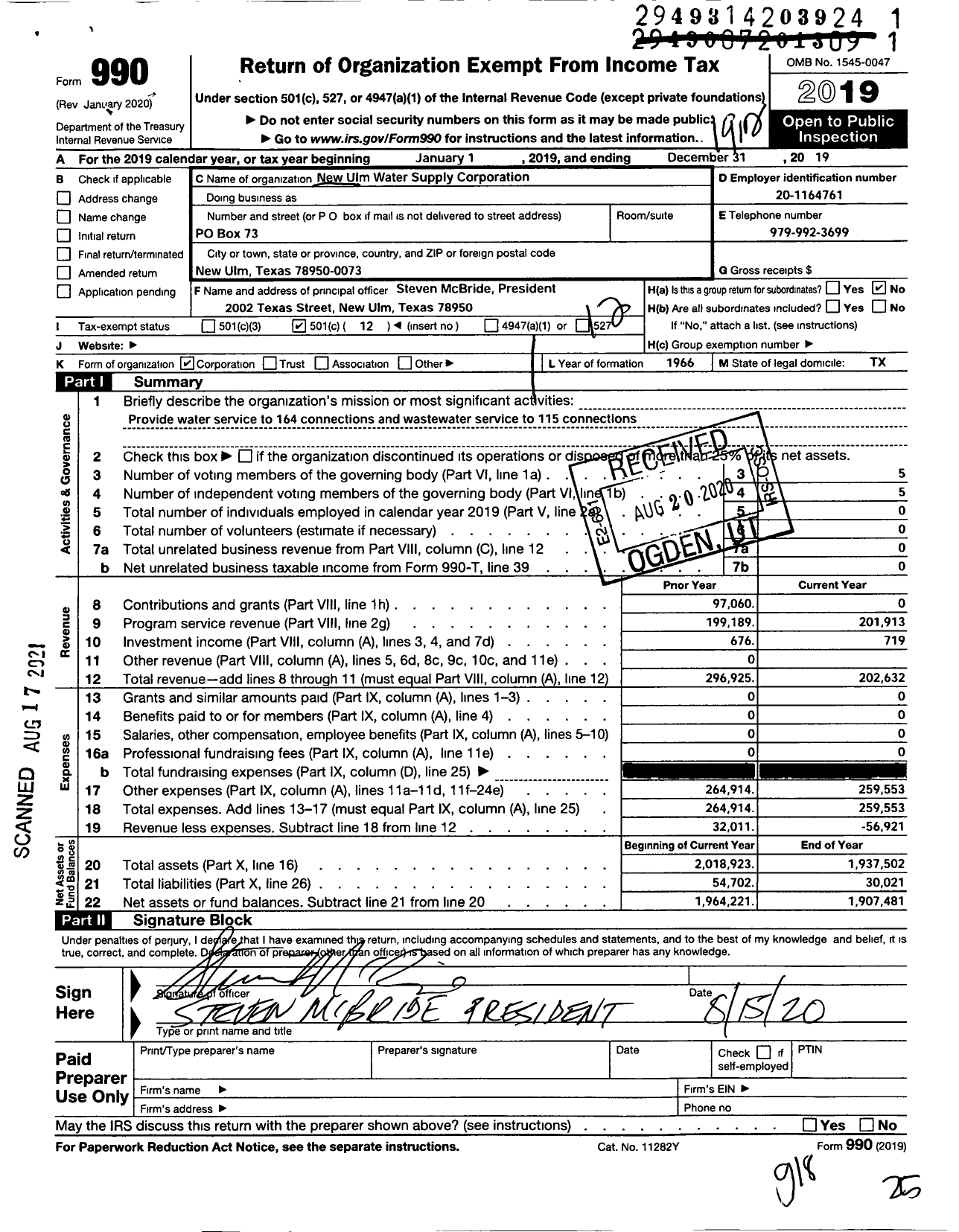 Image of first page of 2019 Form 990O for New Ulm Water Supply Corporation