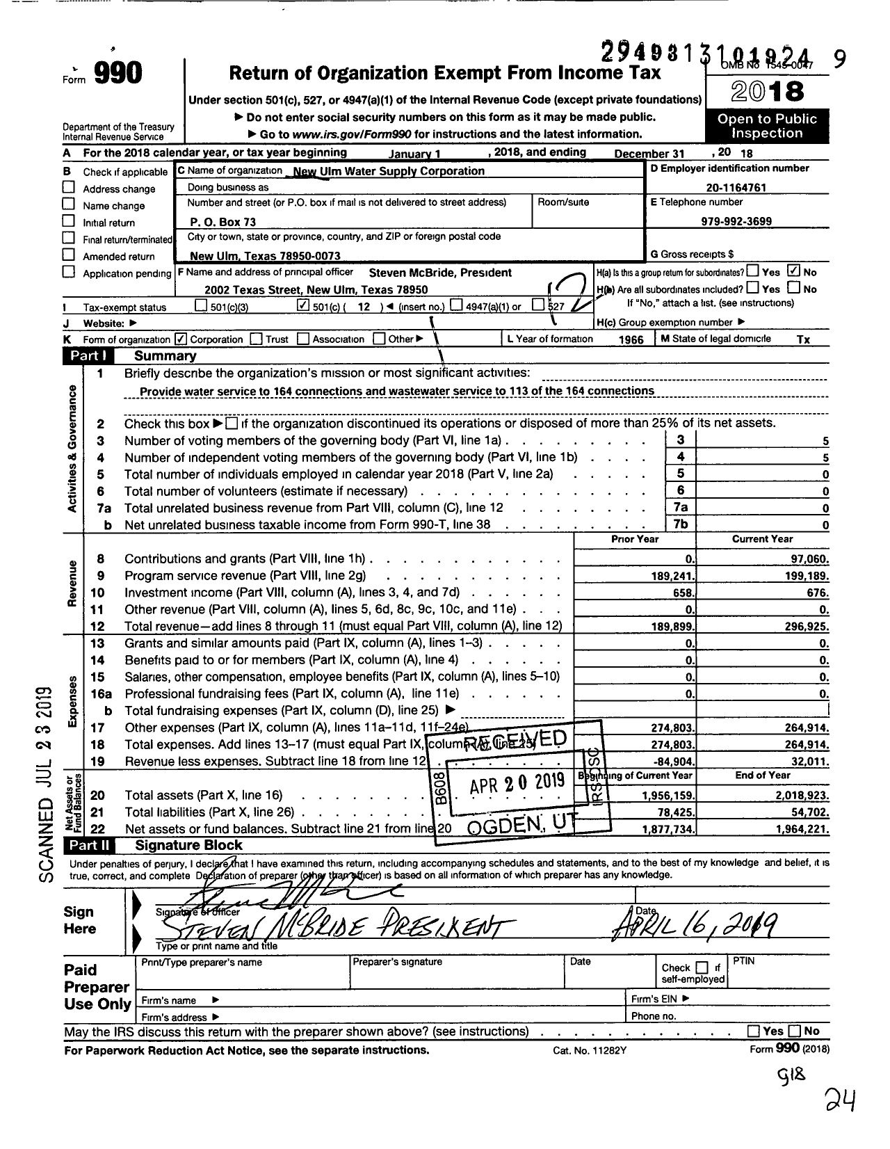Image of first page of 2018 Form 990O for New Ulm Water Supply Corporation