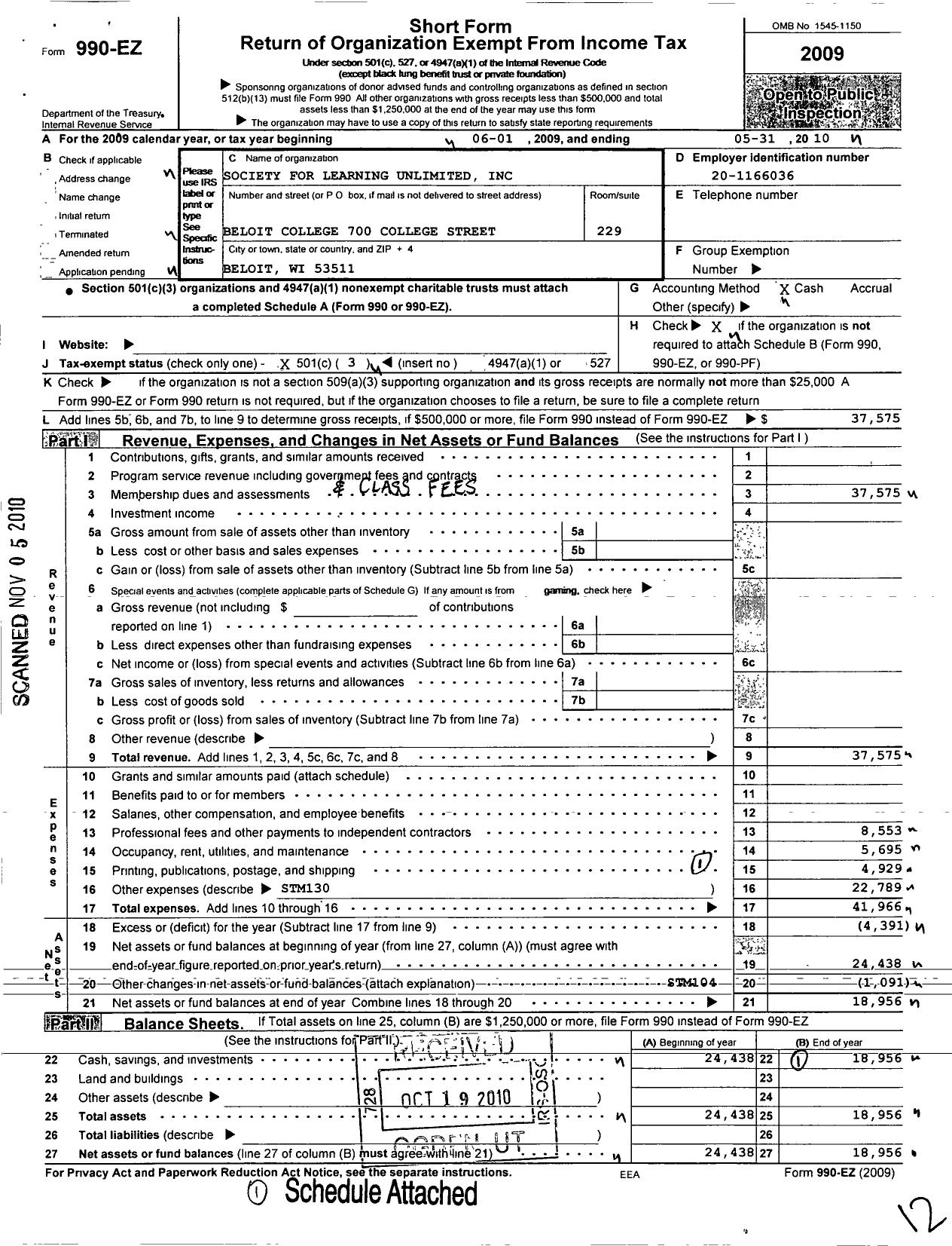 Image of first page of 2009 Form 990EZ for S L U