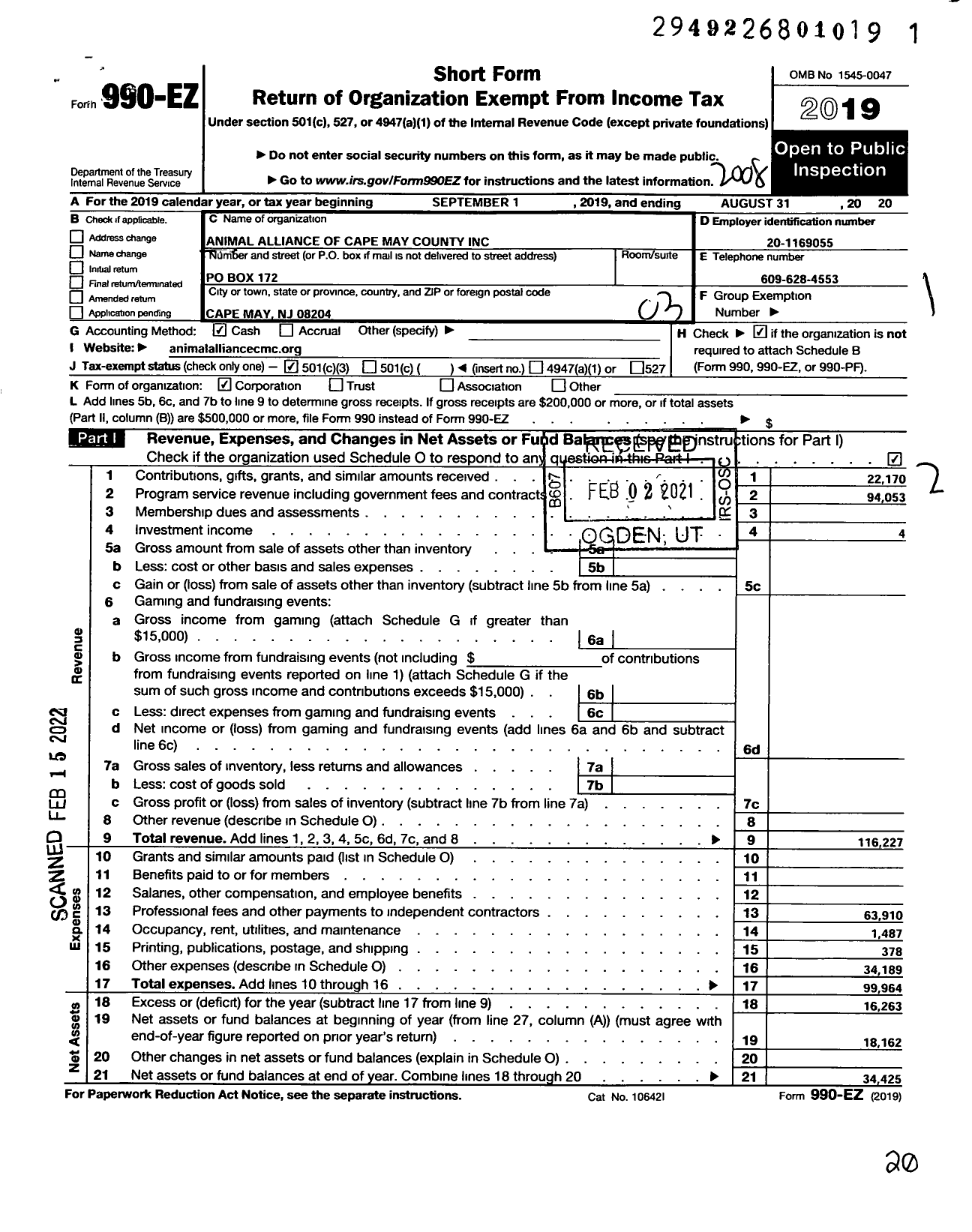 Image of first page of 2019 Form 990EZ for Animal Alliance of Cape May County