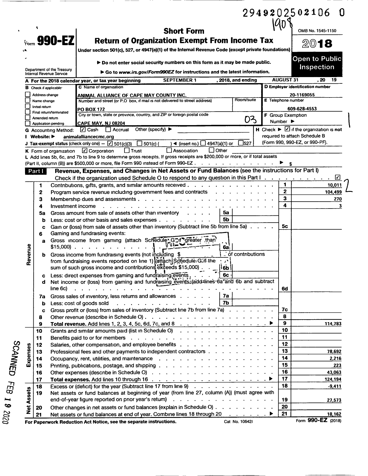 Image of first page of 2018 Form 990EZ for Animal Alliance of Cape May County