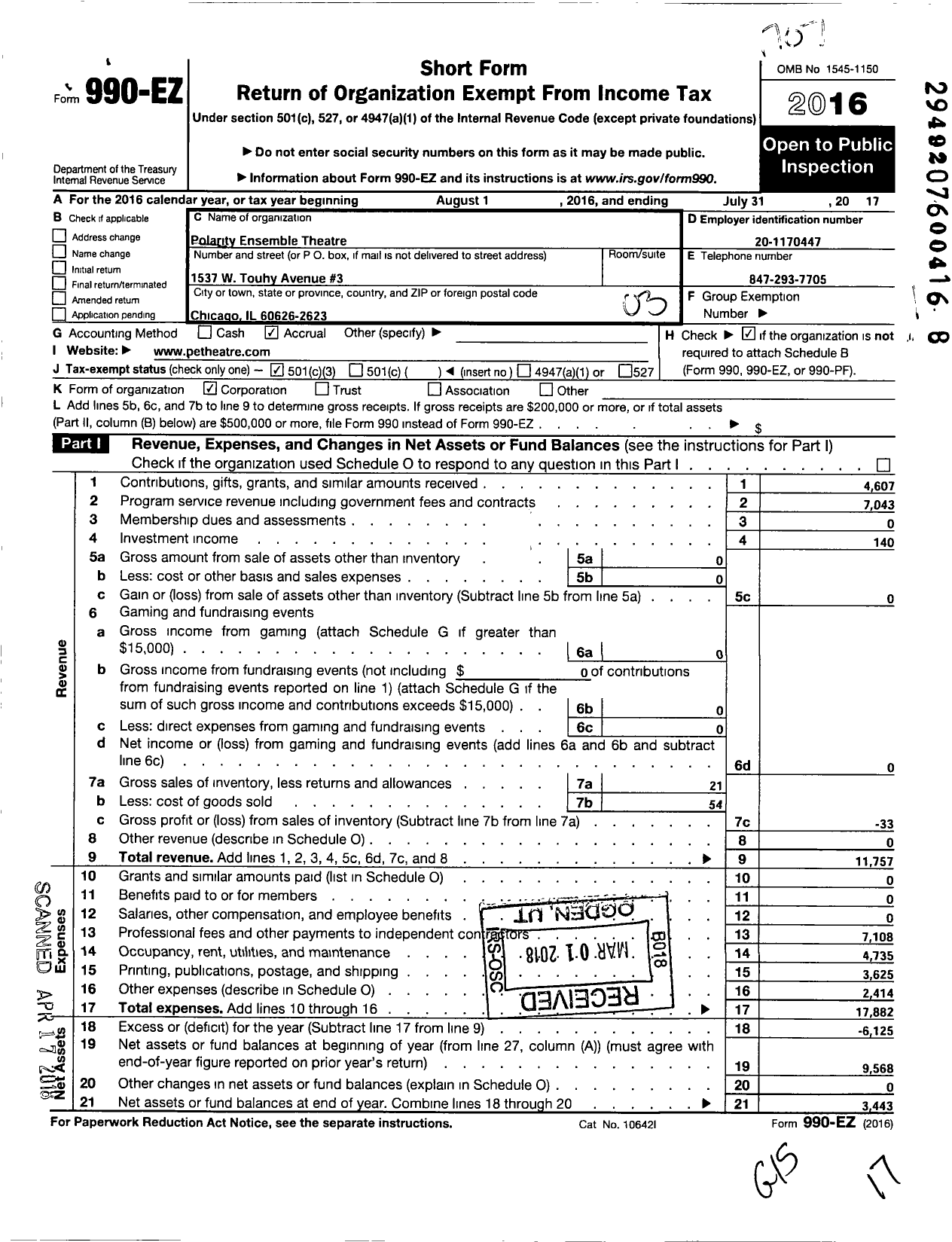 Image of first page of 2016 Form 990EZ for Polarity Ensemble Theatre