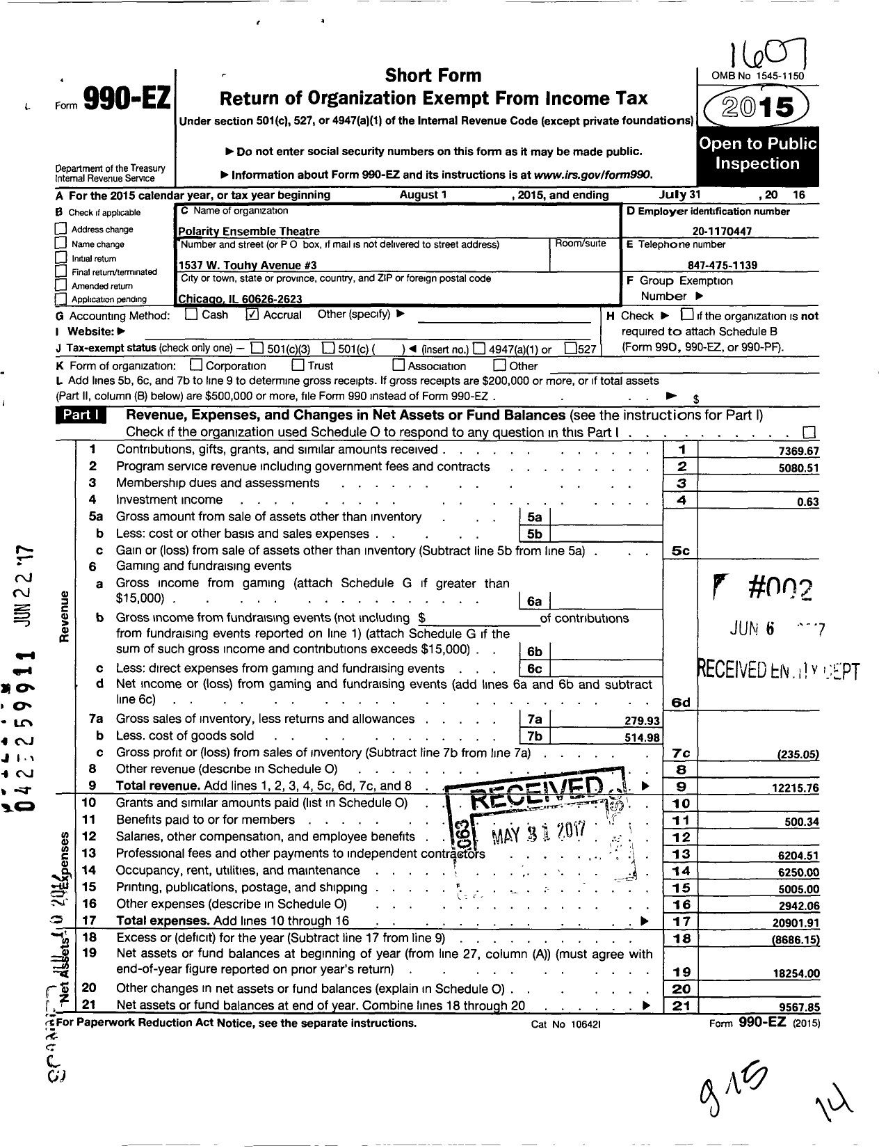 Image of first page of 2015 Form 990EO for Polarity Ensemble Theatre