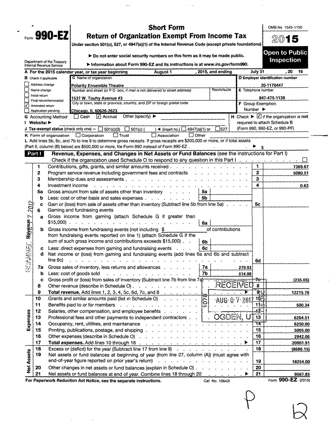 Image of first page of 2015 Form 990EO for Polarity Ensemble Theatre