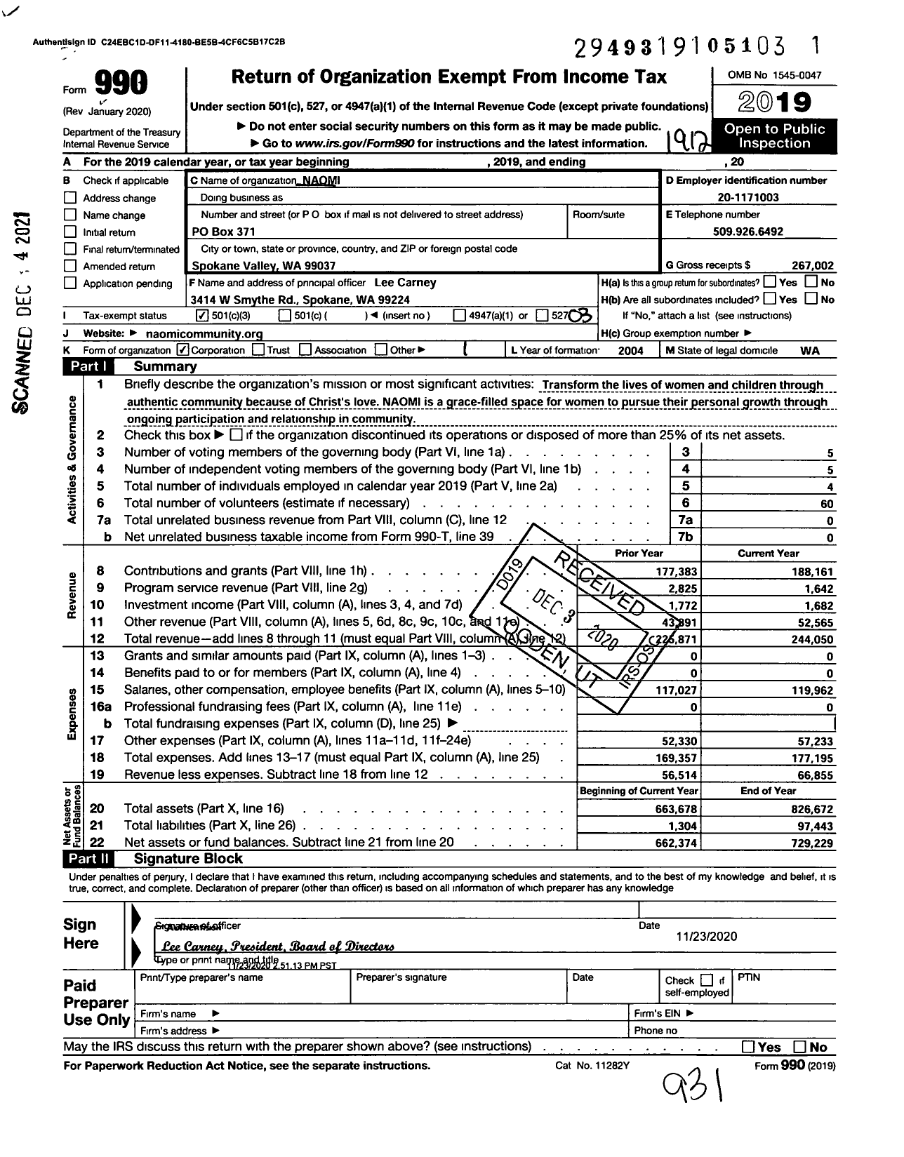 Image of first page of 2019 Form 990 for Naomi