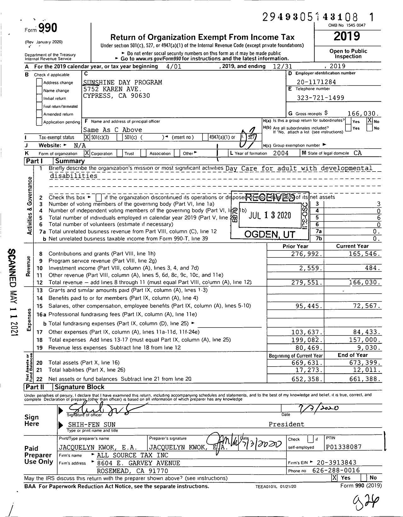 Image of first page of 2019 Form 990 for Sunshine Day Program