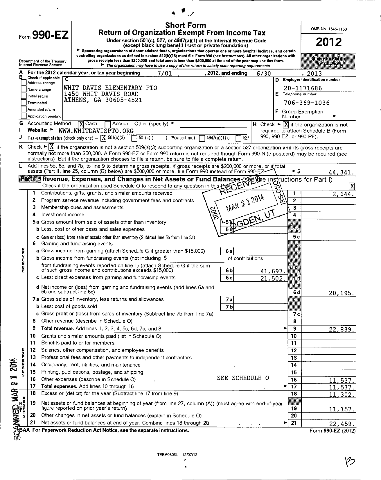 Image of first page of 2012 Form 990EZ for Pto Whit Davis Elementary