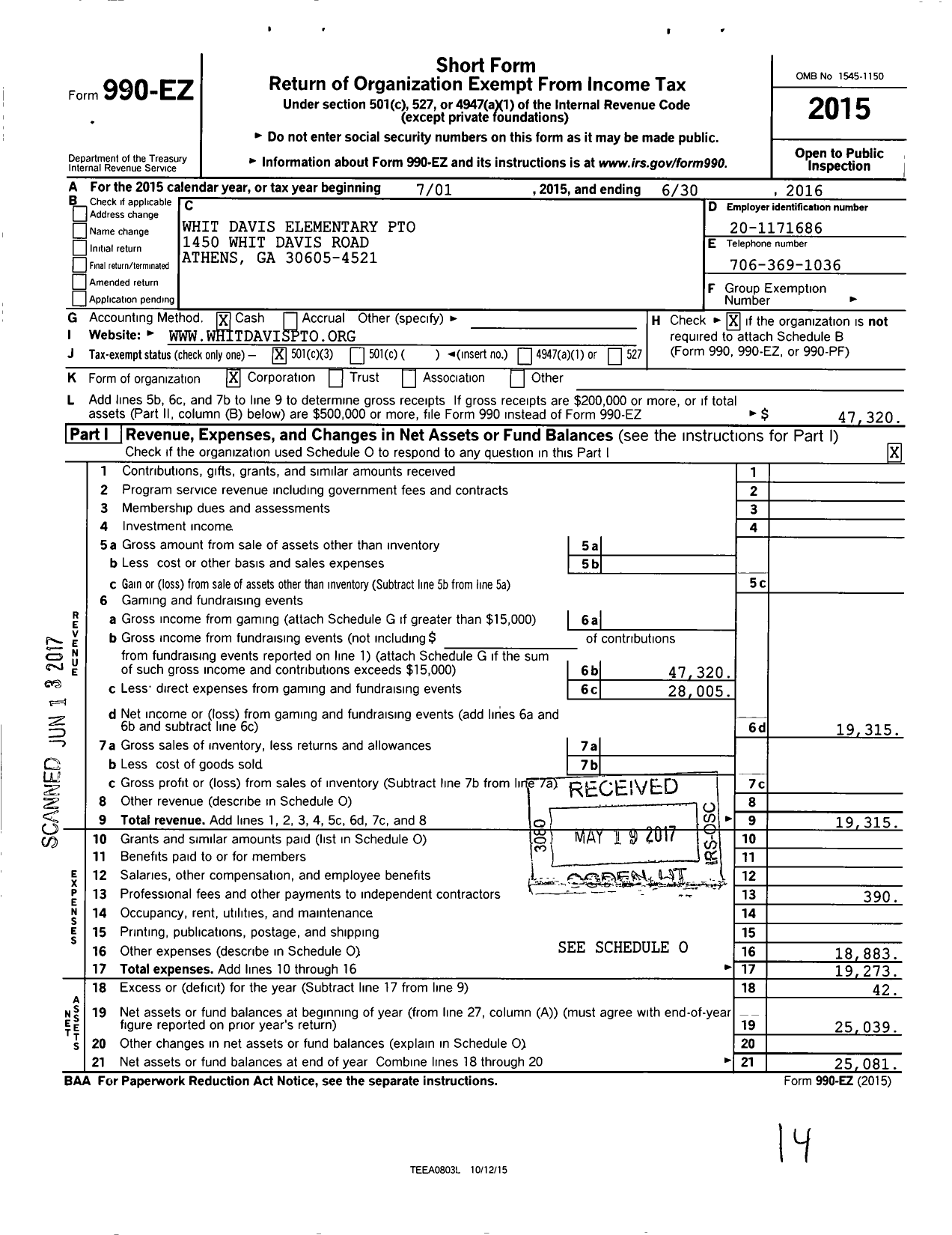 Image of first page of 2015 Form 990EZ for Pto Whit Davis Elementary