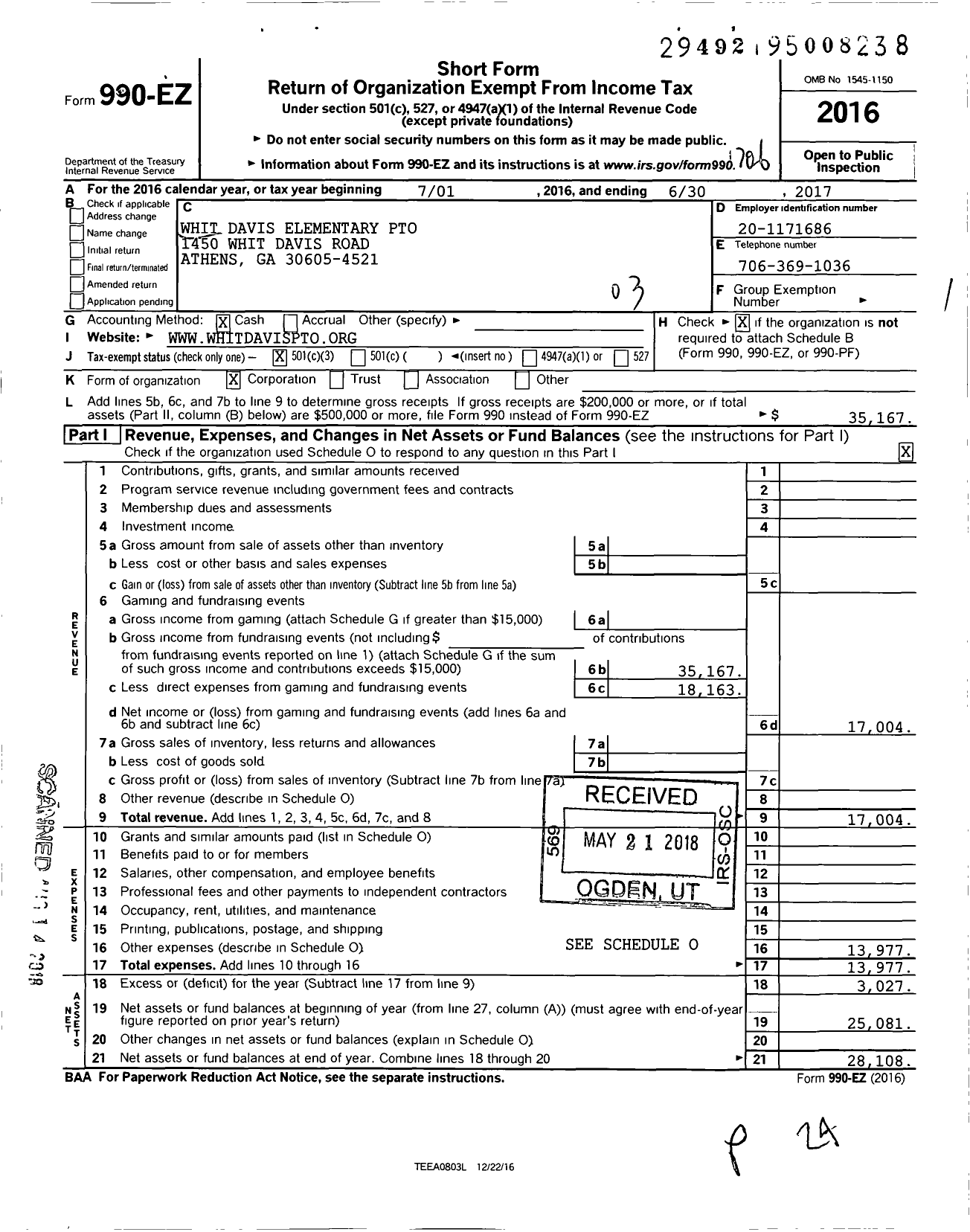 Image of first page of 2016 Form 990EZ for Pto Whit Davis Elementary