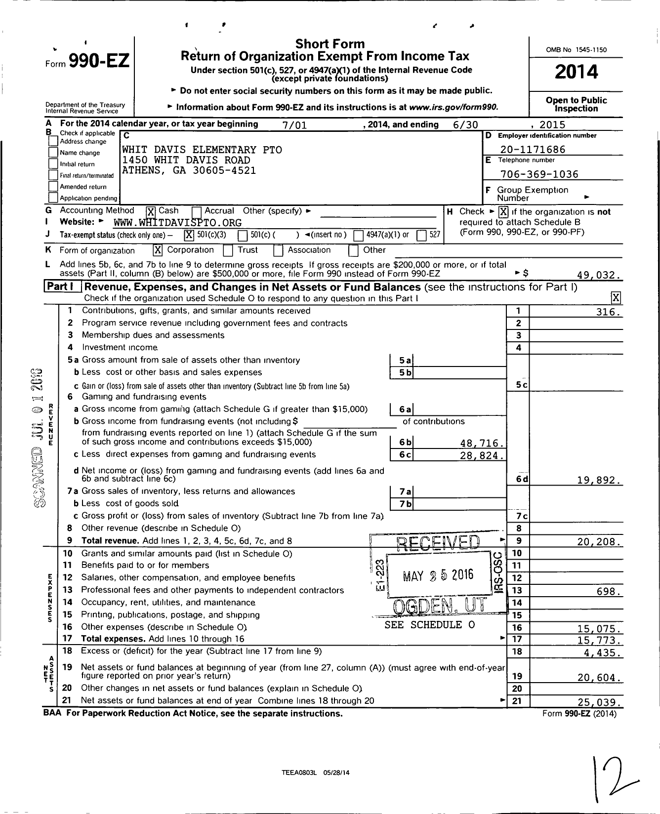 Image of first page of 2014 Form 990EZ for Pto Whit Davis Elementary