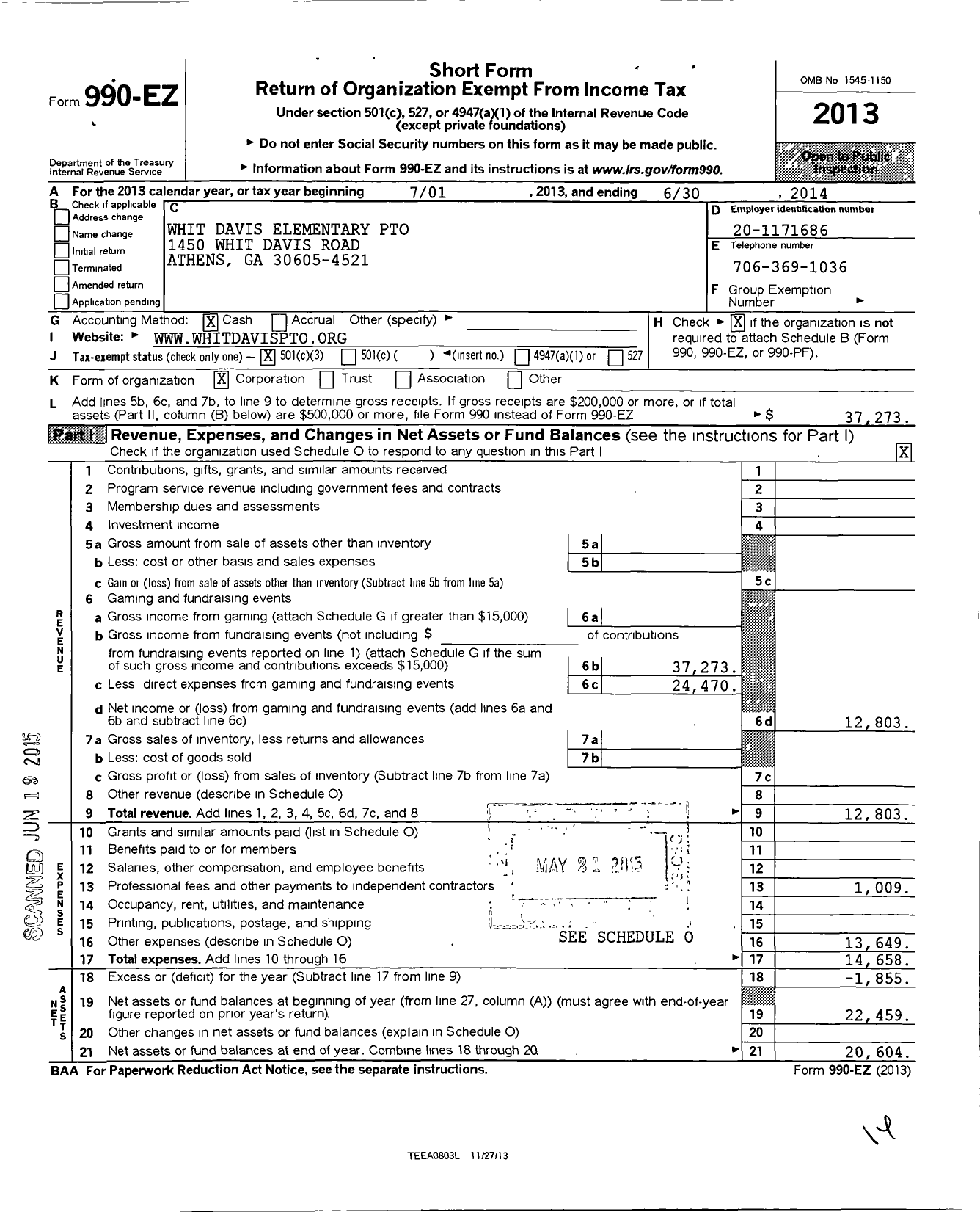 Image of first page of 2013 Form 990EZ for Pto Whit Davis Elementary